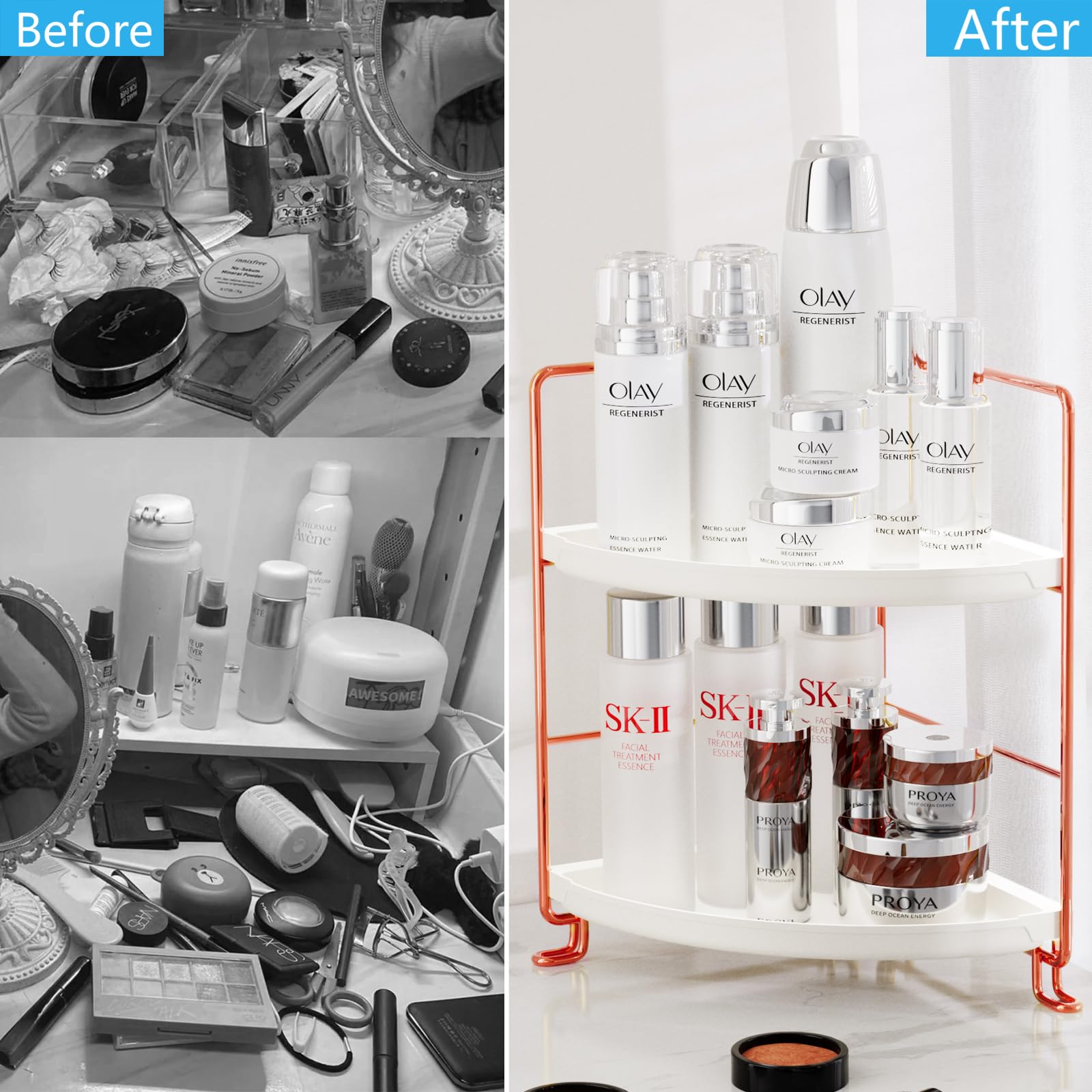 Fsyueyun 2-Tier Corner Bathroom Counter Organizer, Tool-Less Installation Vanity Shelf Small Plastics Countertop Makeup Tray Ski