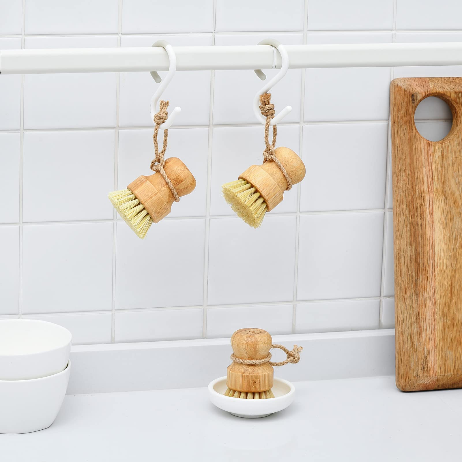 Bamboo Dish Scrub Brushes By Subekyu, Kitchen Wooden Cleaning Scrubbers Set For Washing Cast Iron Pan/Pot, Natural Sisal Bristle