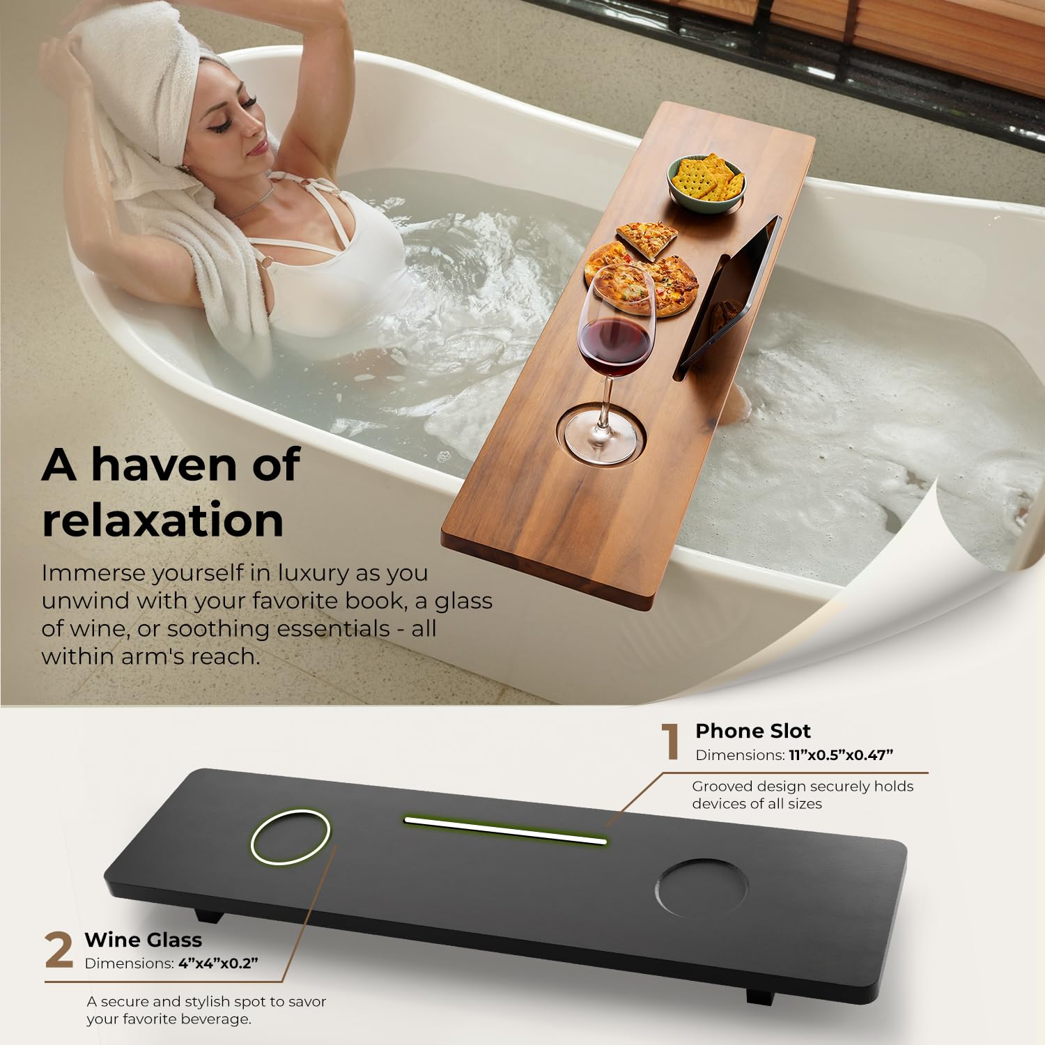 Tinamo Black Bathtub Caddy Tray Table | 35X9 Inch Large Bath Tub Tray Wooden | Anti-Tipping, Sustainable Tub Tray For Bathtub |