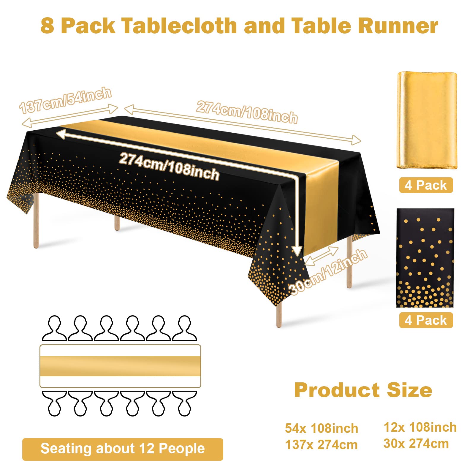 8Pack Disposable Plastic Tablecloths And Satin Table Runner Set Black Gold Dot Table Cloth Gold Satin Table Runner For Graduatio