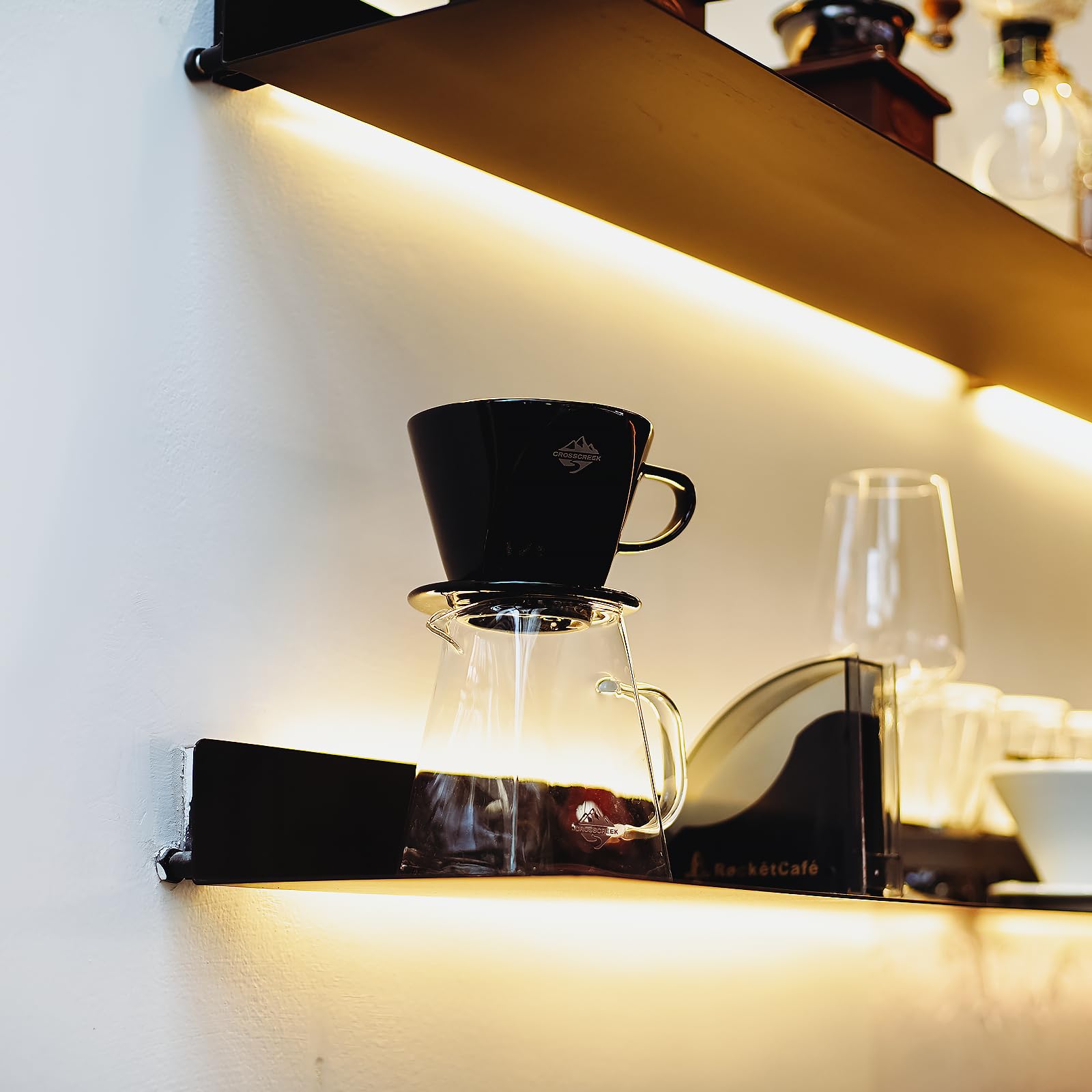 Pour Over Coffee Dripper Set By Crosscreek With Heat-Resistance Black Cone Ceramic Dripper, Glass Square Carafe, 30Pcs #2 Paper