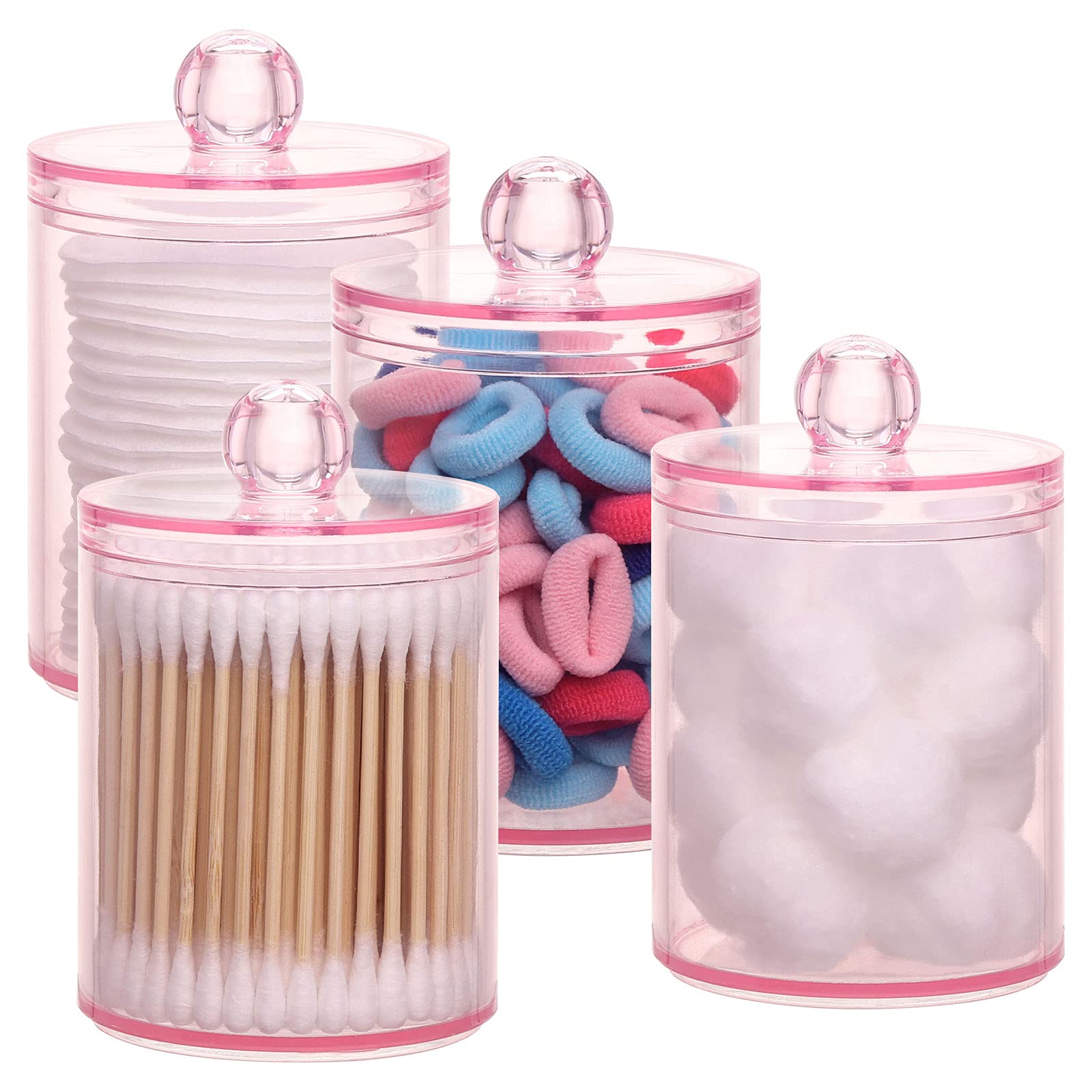 Tbestmax 4 Pcs Qtips Holder Bathroom Container, 10 Oz Apothecary Jar, Pink Cotton Ball/Swabs Dispenser Organizer For Storage