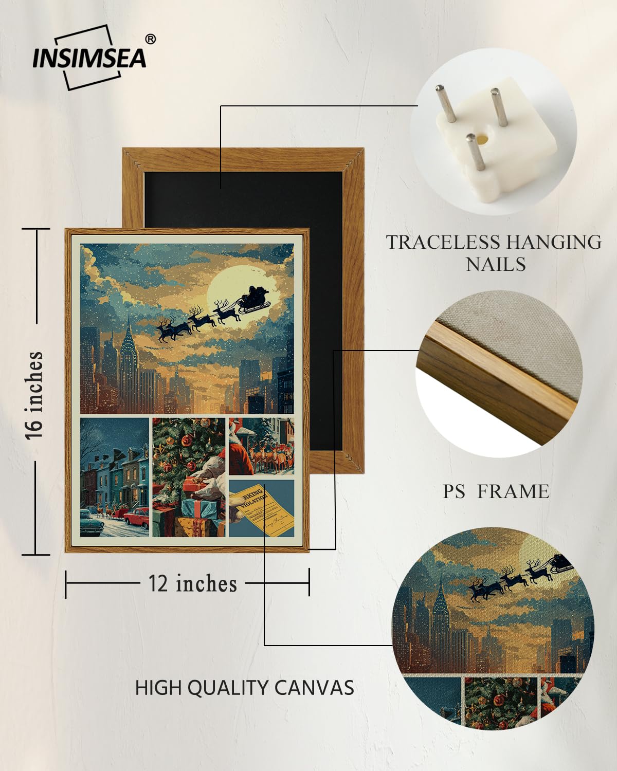 InSimSea Christmas Wall Art Vintage Santa Claus Delivering Gifts Riding Reindeer Sleigh Christmas Pictures Home Decor Framed Can