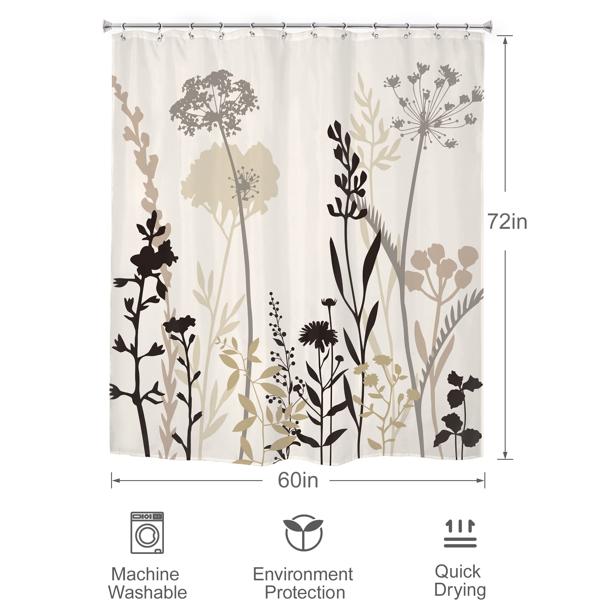 Omifly Beige Shower Curtain Cream Floral 60X72 Taupe Brown Silhouette Flower Rustic Boho Wildfloral Leaves Plants Botanical Vint