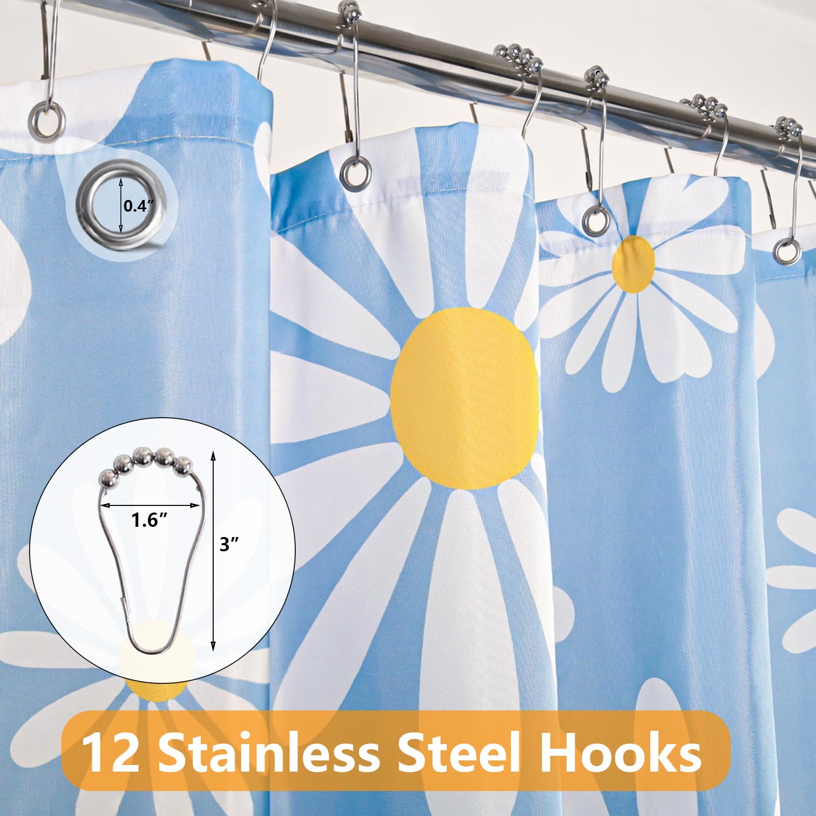 Qjhomo Blue Floral Shower Curtain Set Cute Daisy Bathroom Curtain, Washable Waterproof Fabric Long Shower Curtains With 12 Hooks