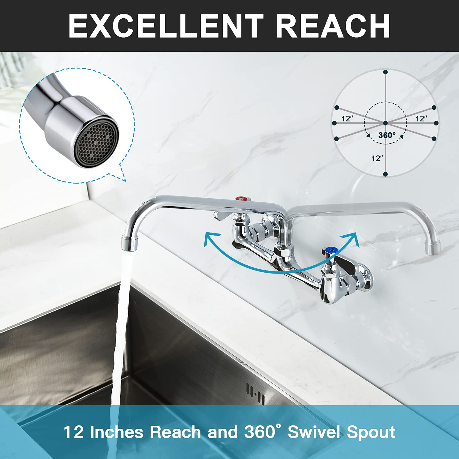 Favorpo Wall Mount Faucet 8 Inches Center Commercial Kitchen Faucet  12 Inches Swivel Spout Wall-Mount Utility Sink Faucets  2 Handle Wall Mounted Faucets for Kitchen Laundry Room Restaurant