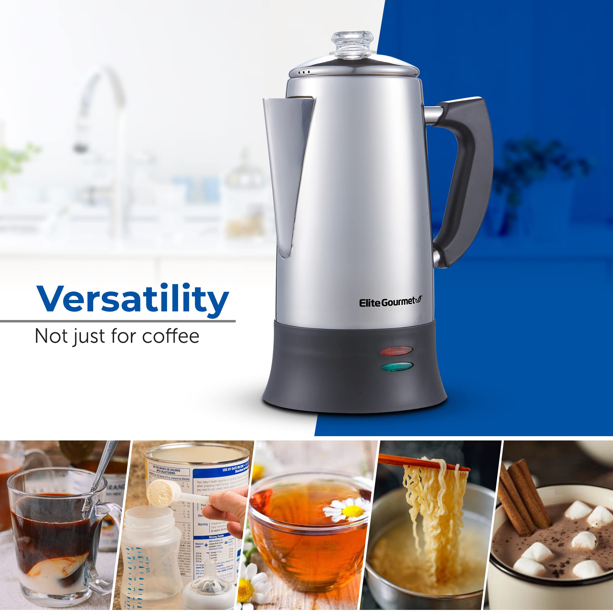 Elite Gourmet Ec922 Electric Coffee Percolator, Glass Clear Brew Progress Knob, Cool-Touch Handle, Cordless Serve, 12-Cup, Stain