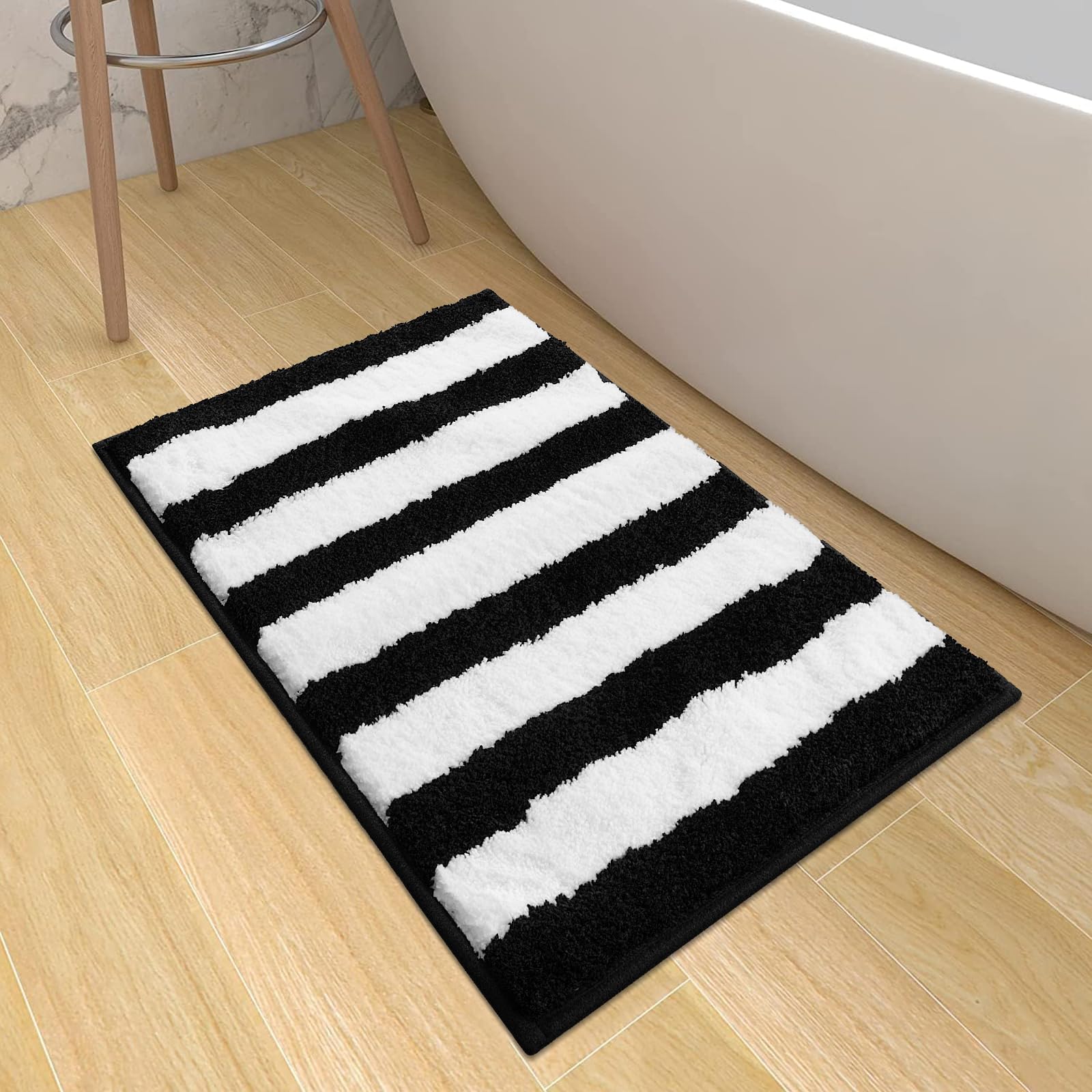 Sivilife Black And White Striped Bath Mat, Plush Water Absorbent Bathroom Rugs Non-Slip Machine Washable Quick Dry Bathroom Mat