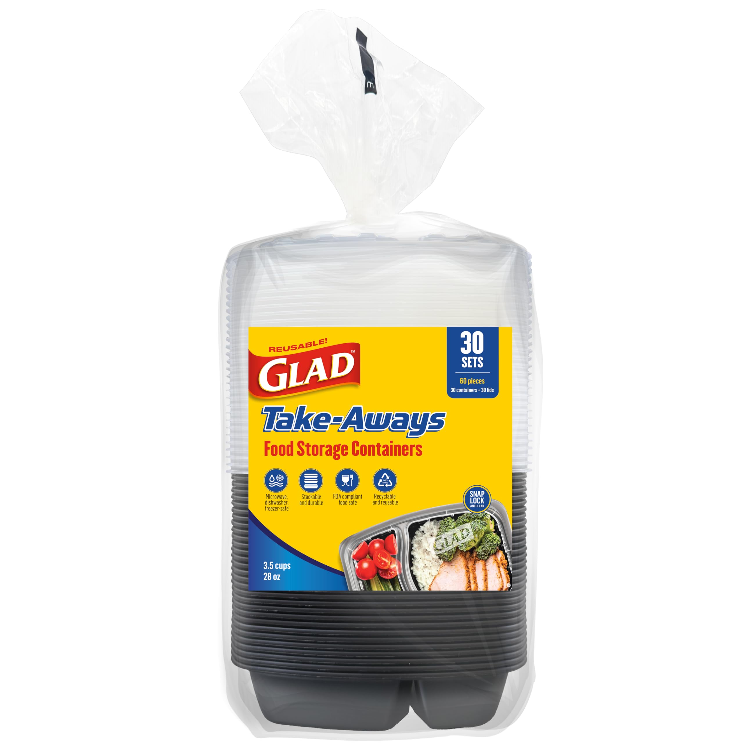 Glad TakeAways 30Pack SnapSeal, 2Compartment, Dishwasher and Freezer Safe, Reusable Food Storage, Meal Prep Containers, Made