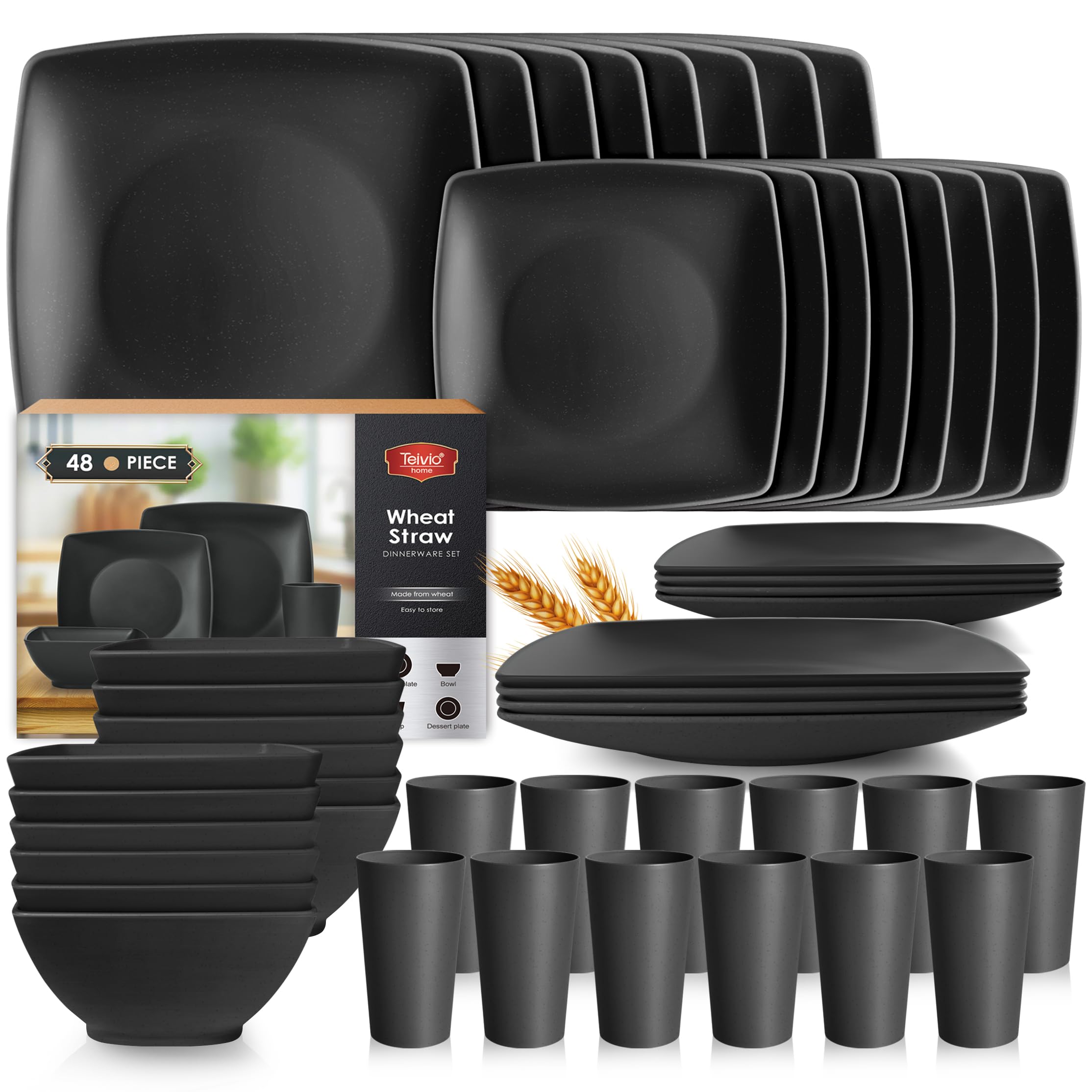 Teivio 48-piece Wheat Straw Square Dinnerware Set for 12, Unbreakable Dinner Plates, Salad Plates, Snack Bowls, Tumblers 13.5 oz