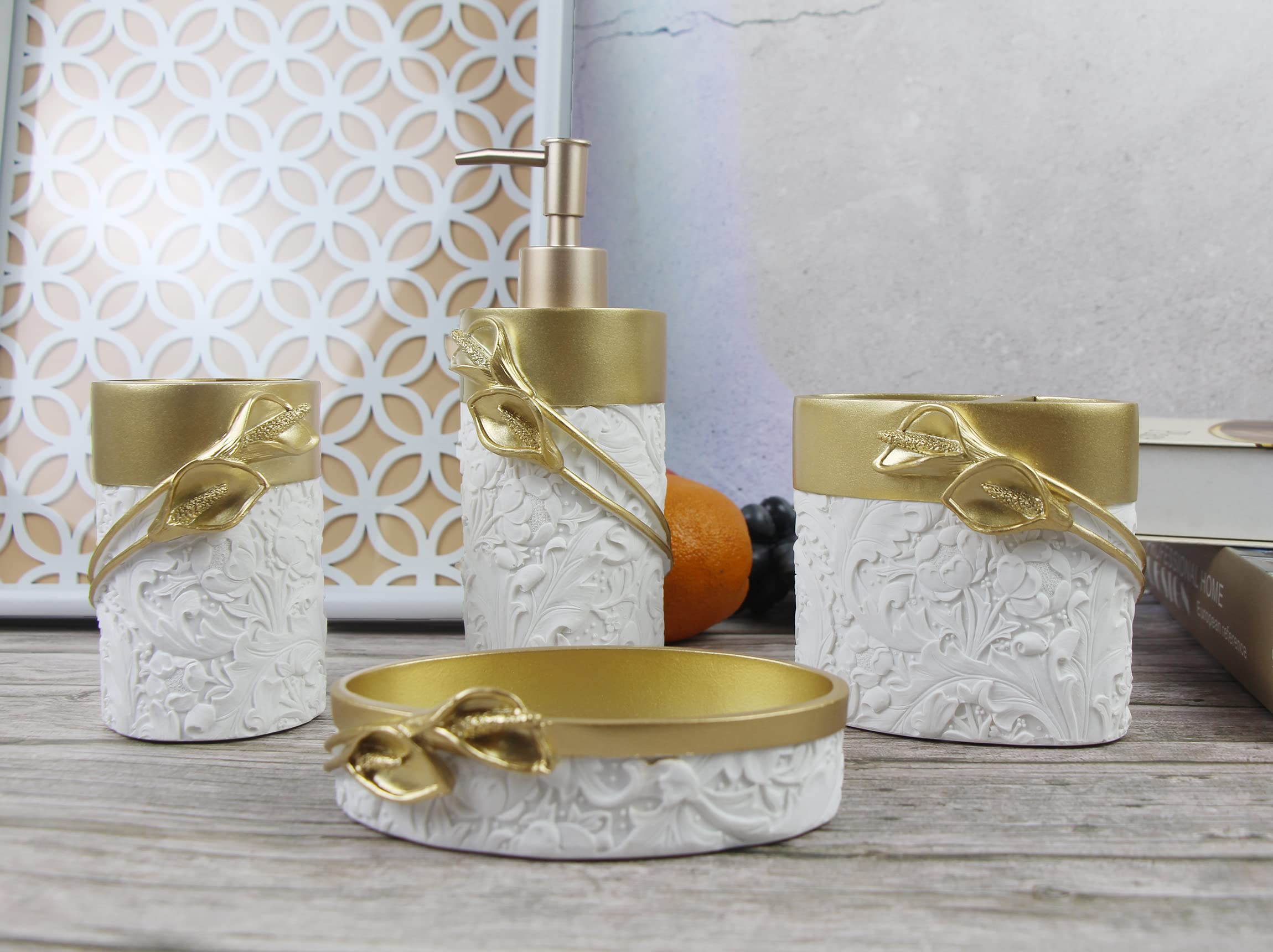 Hymmah Bathroom Accessories Set,Golden Design Toothbrush Holder,Farmhouse Bathroom Decor,4 Pcs Resin Gift Set Apartment Necessit