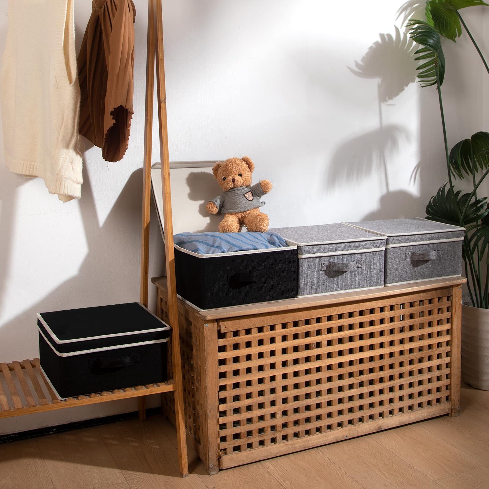 Domeraax Storage Bins With Lid, Foldable Clothing Storage Box Case With Handle For Toy, Books, Closet, Bedroom, Home, Gray+Black