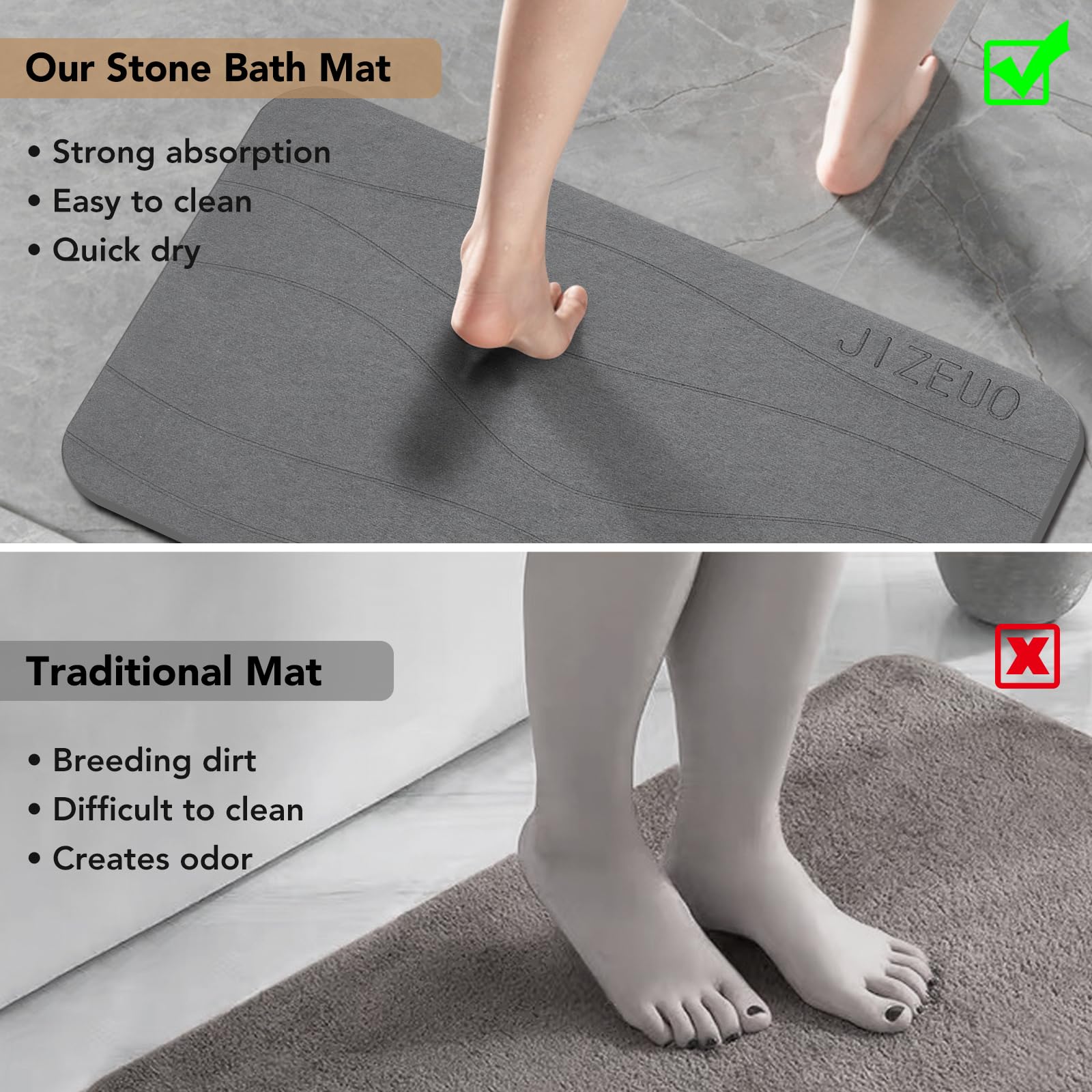 Jizeuo Stone Bath Mat, Set Of 3,Diatomaceous Earth Shower Mat, Non-Slip Super Absorbent Quick Drying Bath Mat For Bathroom Floor
