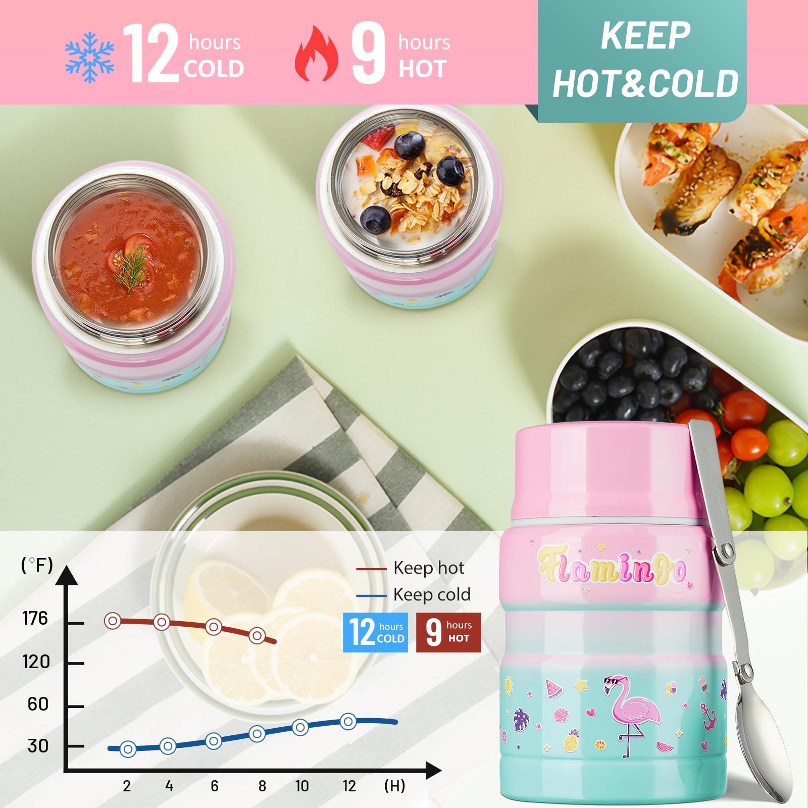 Charcy 17Oz Kids Thermo For Hot Food - Soup Thermo With Folding Spoon - Insulated Food Jar For Hot & Cold Food - Pink Green Flam
