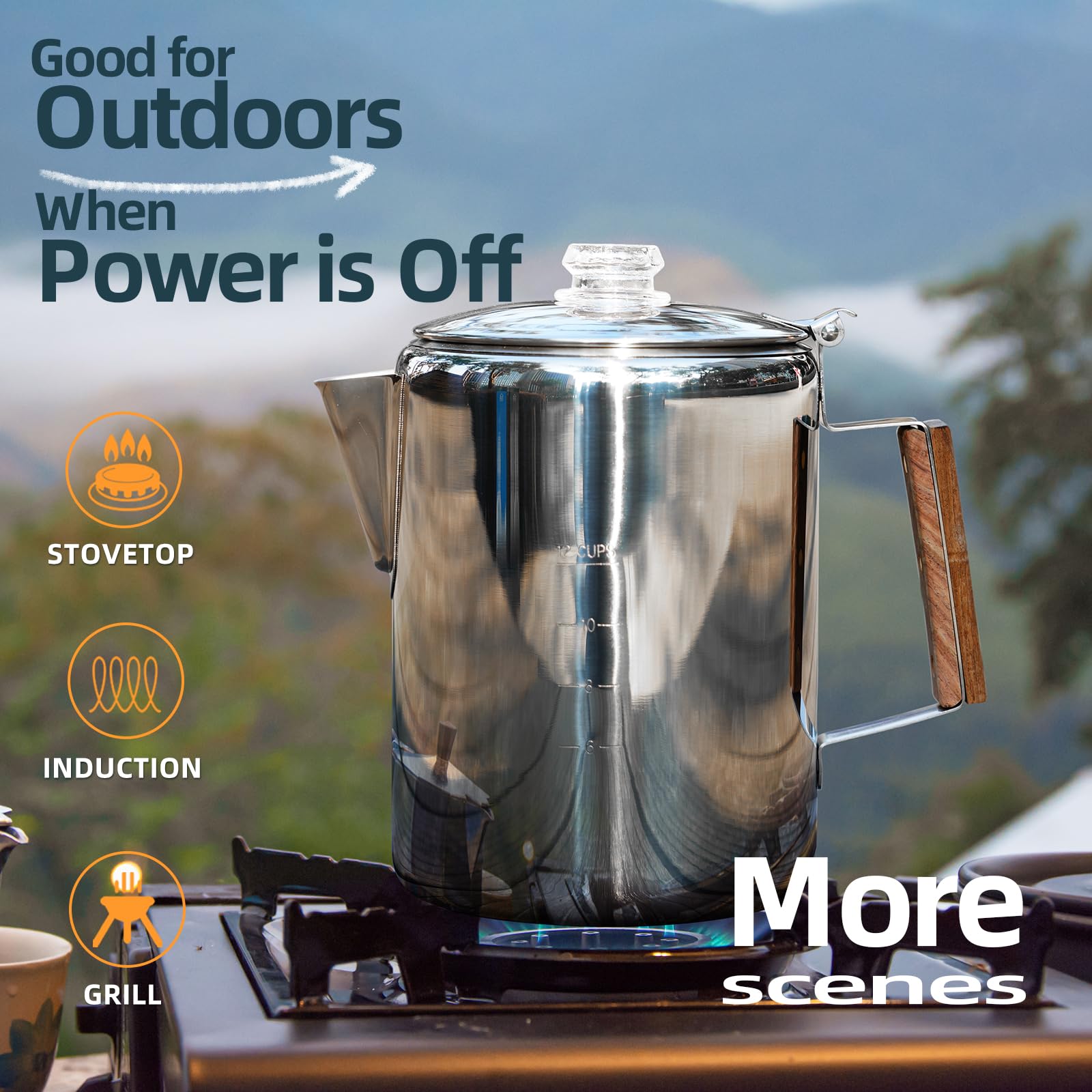MEREZA 12 Cup Camping Percolator Coffee Pot - Stainless Steel, Non-Electric, Fast Brew, Ideal for Outdoors and Home Use
