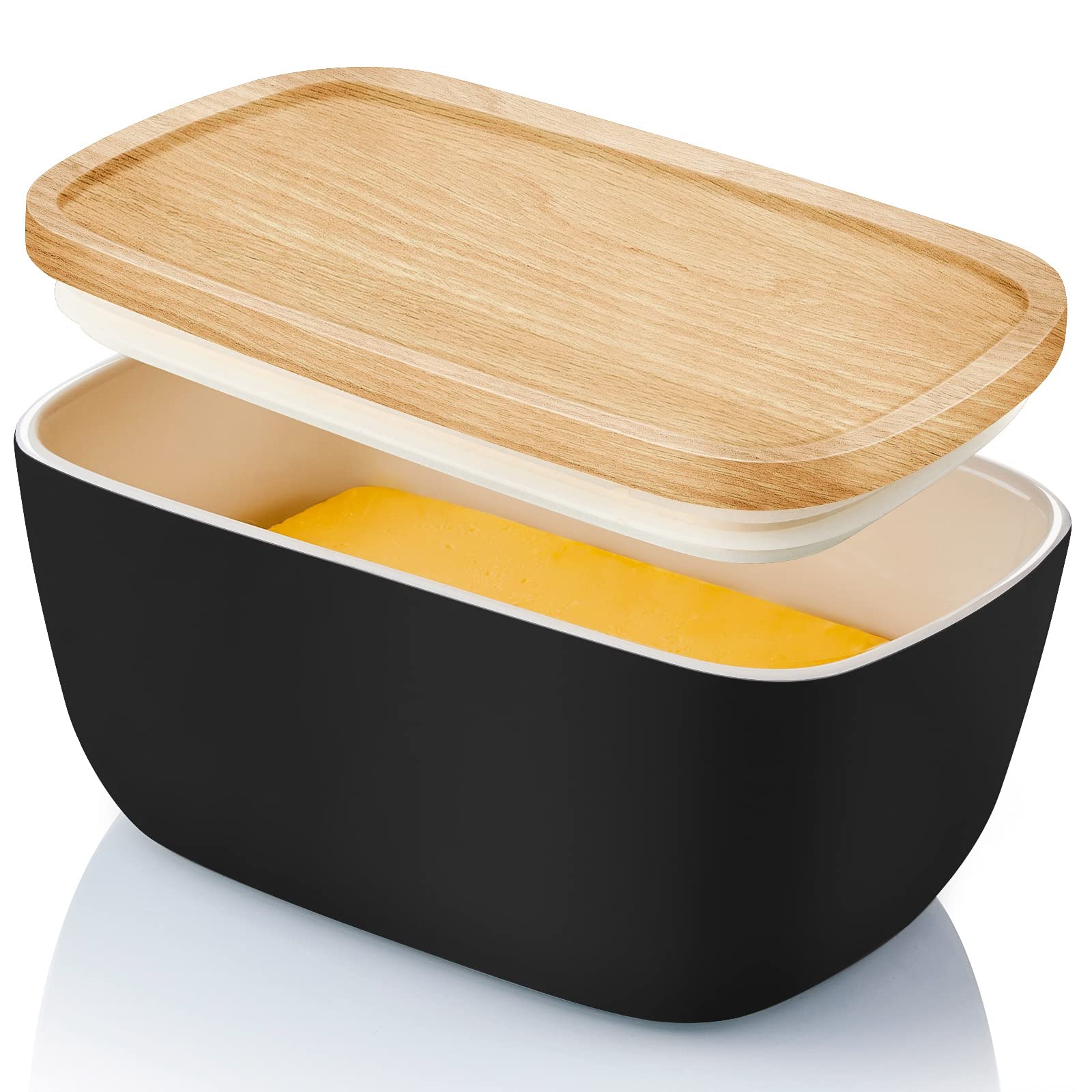 Butter Dish With Lid For Countertop - Alelion Ceramic Butter Container With Airtight Wooden Lid - Black Butter Keeper Crock For