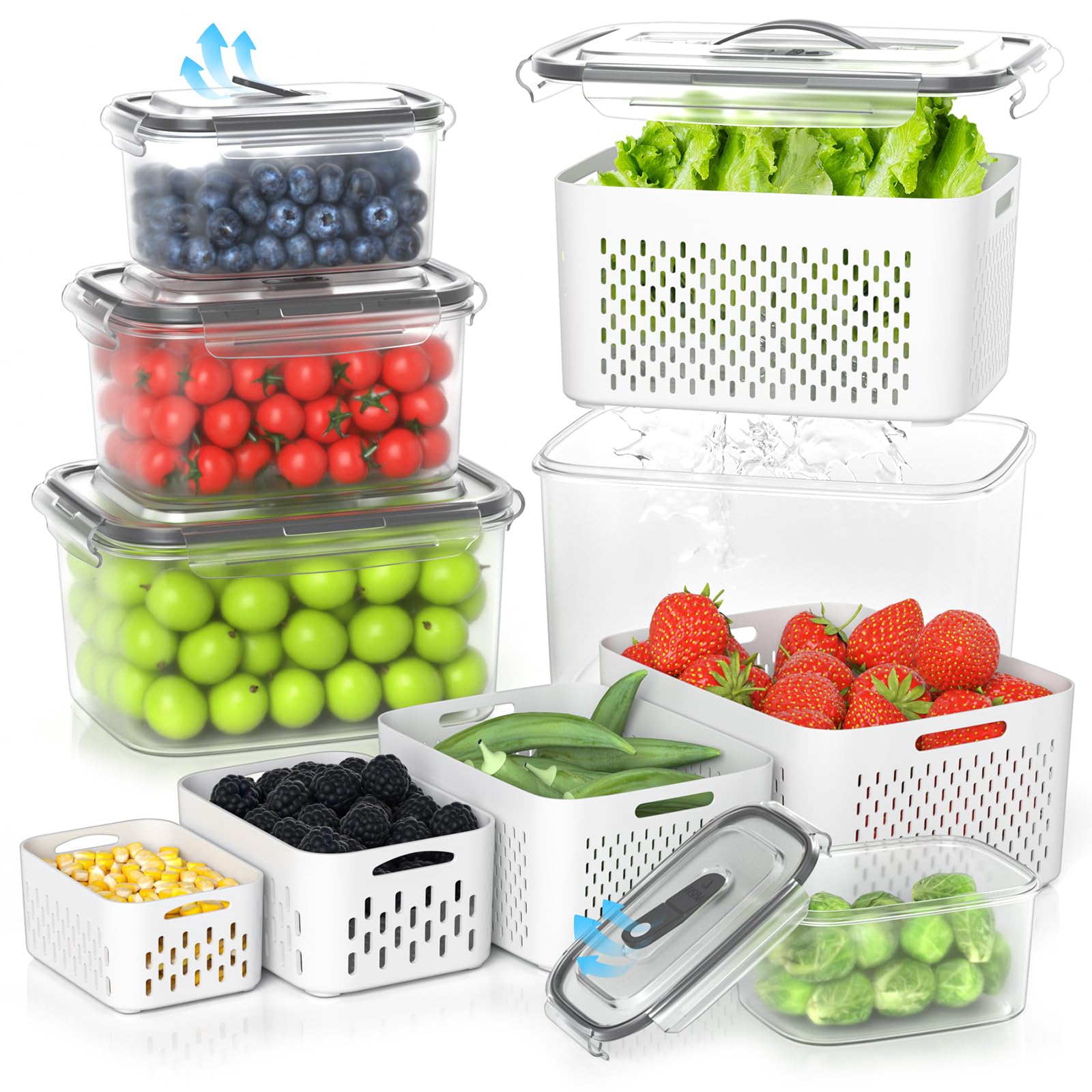 Damynuo 5Pcs Fruit Storage Containers For Fridge - Clear Berry Containers With Colander, Airtight Fridge Organizer Bins With Ven