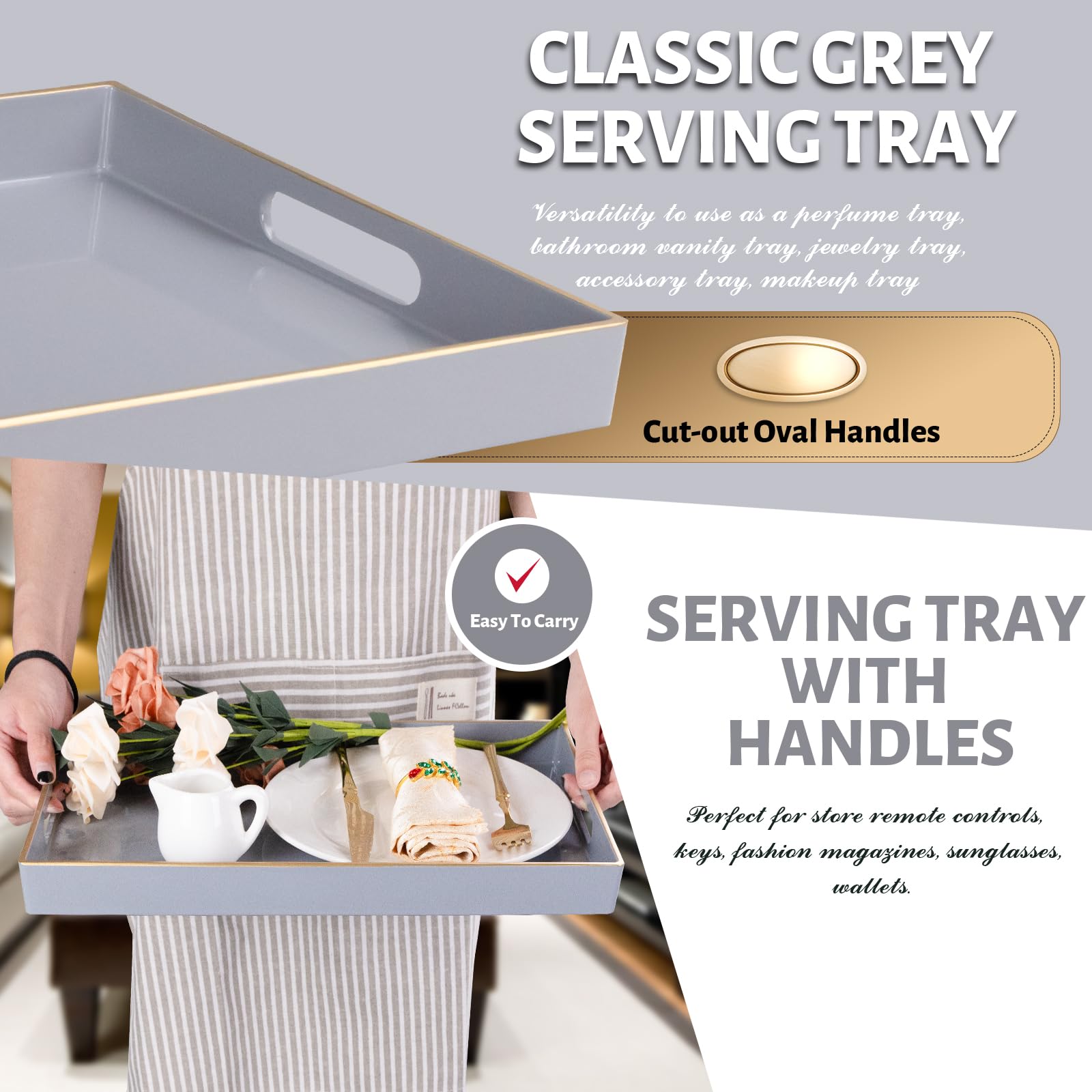 Maoname Gray Serving Tray With Handles, Modern Grey Decorative Tray For Coffee Table, Plastic Rectangular Gray Tray For Ottoman,