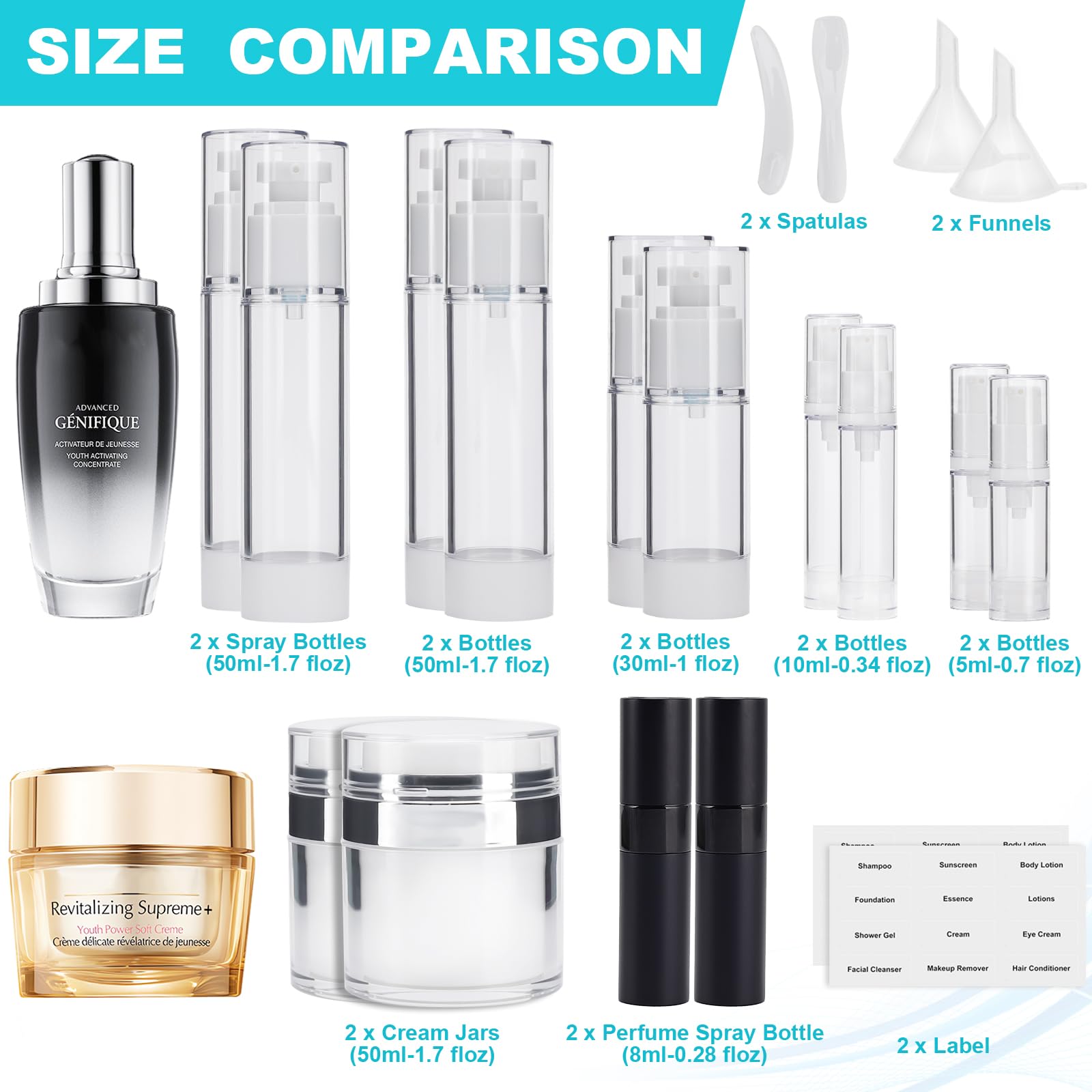 Bubimon 20 Pack Airless Pump Jar & Atomizer Perfume Spray Bottles Set, Leak Proof, Travel Cosmetic Containers For Shampoo Condit