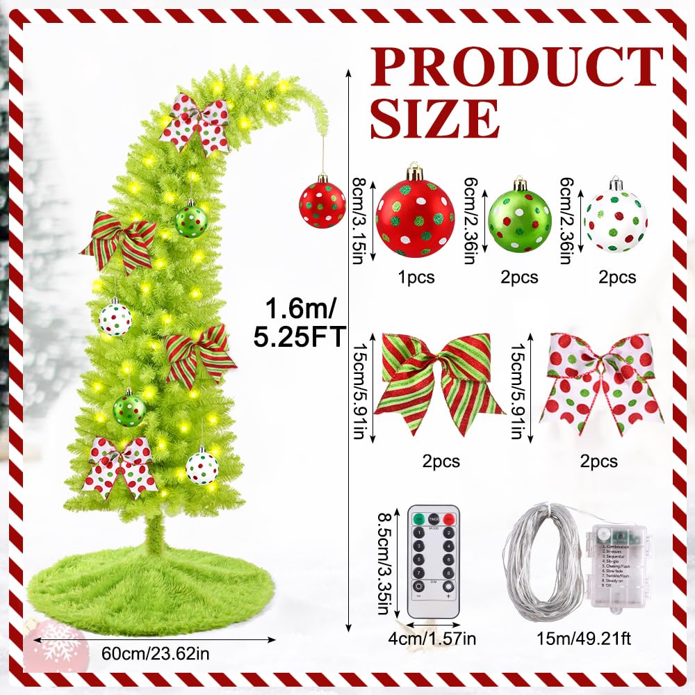 YUJUN 5.25ft Christmas Whimsical Bendable Artificial Tree, 150 LED Lights Christmas Green Tree Skirt with Timer 8 Lighting Modes