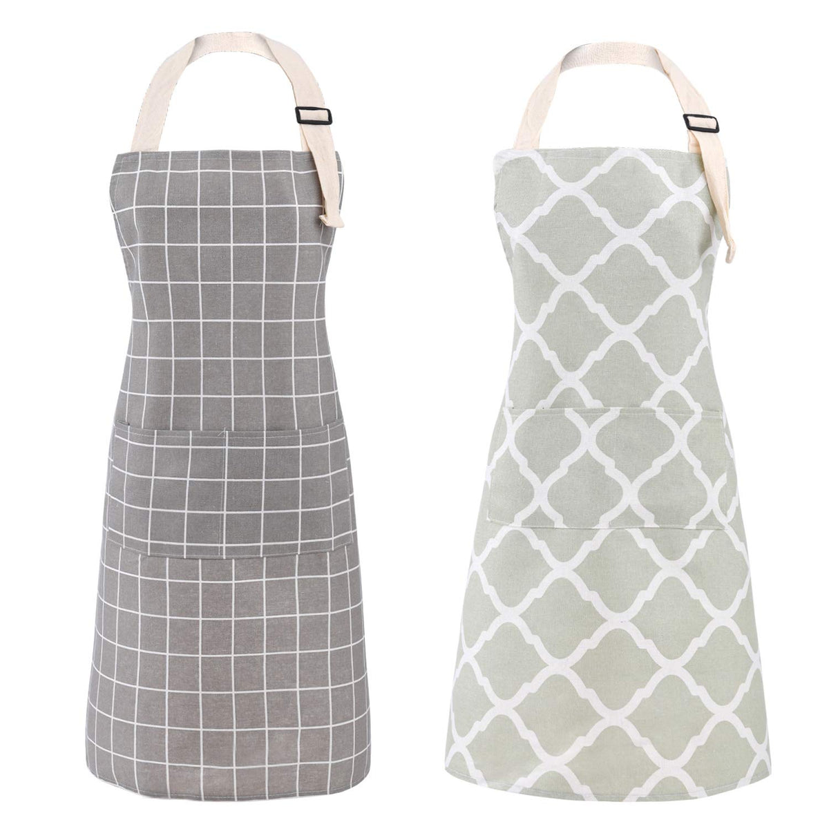 Tosewever 2 Pieces Cotton Linen Waterproof Bib Kitchen Apron With Pockets - Long Ties Adjustable Neck Strap - Unisex Bbq Cooking