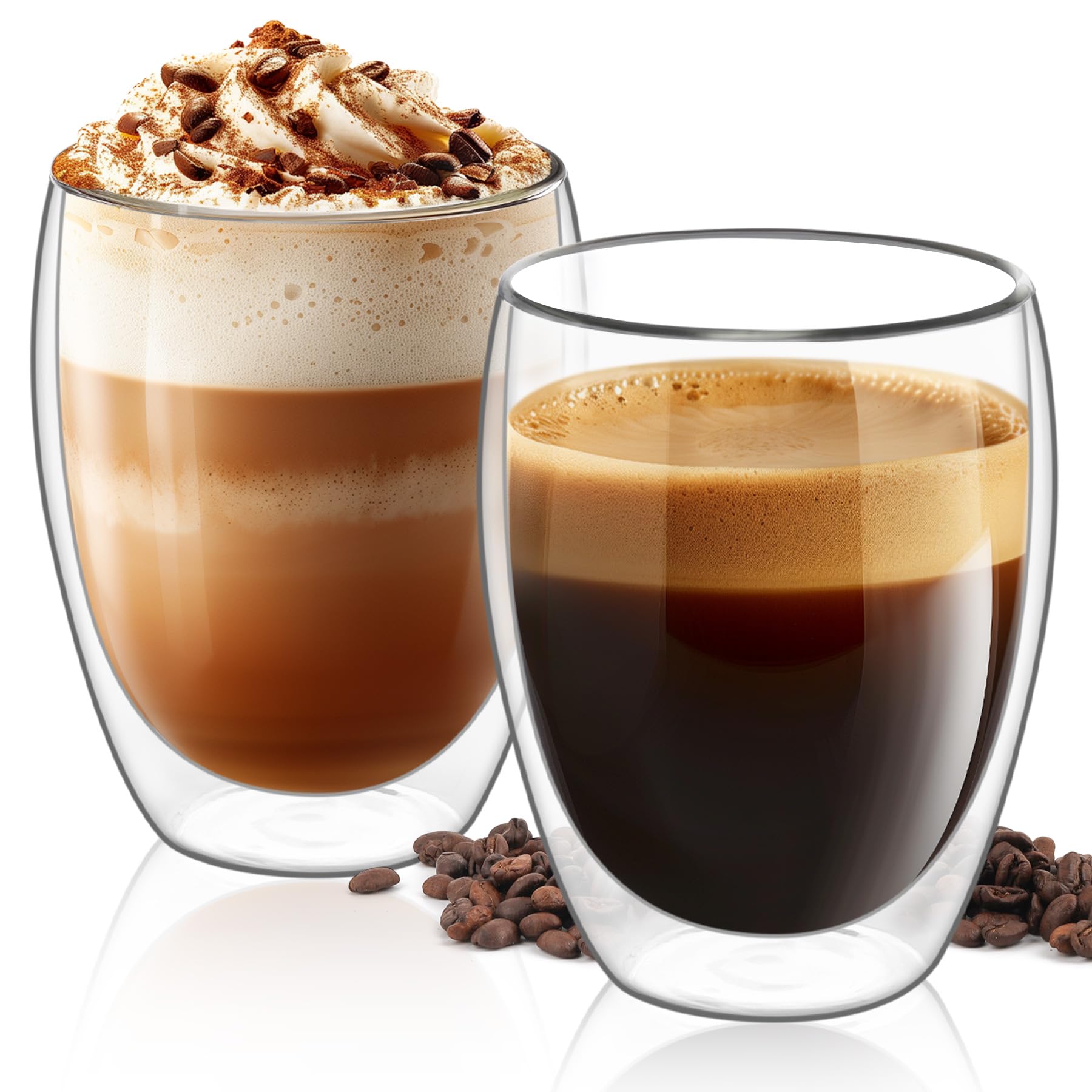 Comsaf Glass Coffee Cups 12 Oz, Latte Cup Set Of 2, Double Walled Glass Coffee Mugs, Clear Coffee Mug For Americano, Lungo, Moch