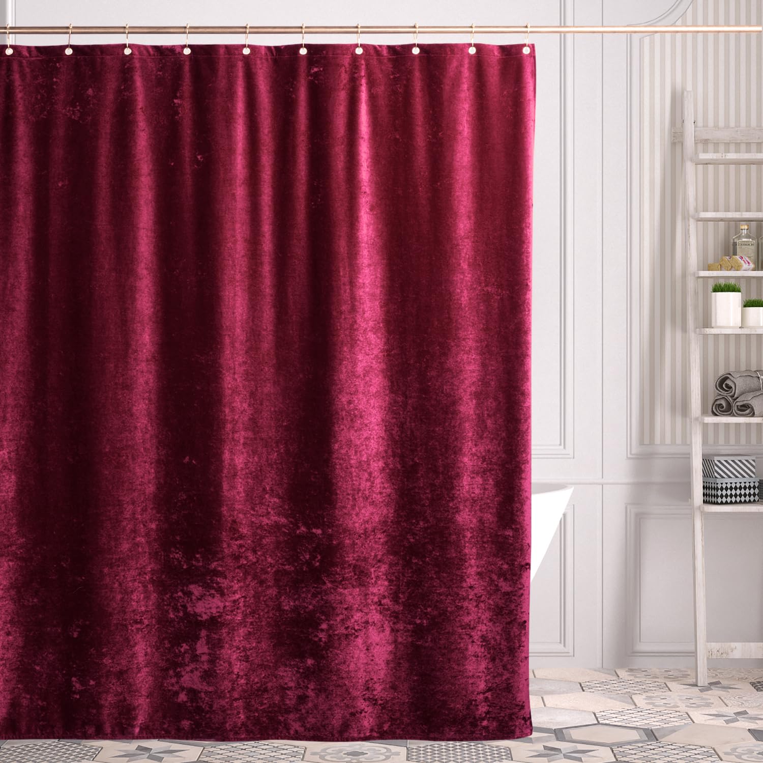 Tamgho Red Shower Curtain For Bathroom, Luxury Crushed Velvet Shower Curtain Red, Dark Shower Curtain Set With Gold Decro Metal