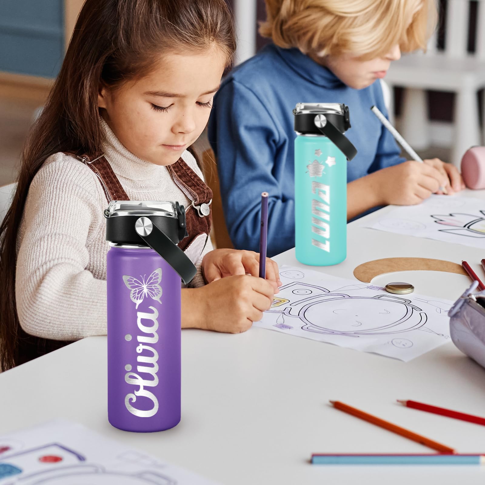 DOCRAGI Personalized Water Bottles for Kids, Custom Water Cups with Name and 25 Icon Engraved, 18 oz - 16 Colors, Double Wall In