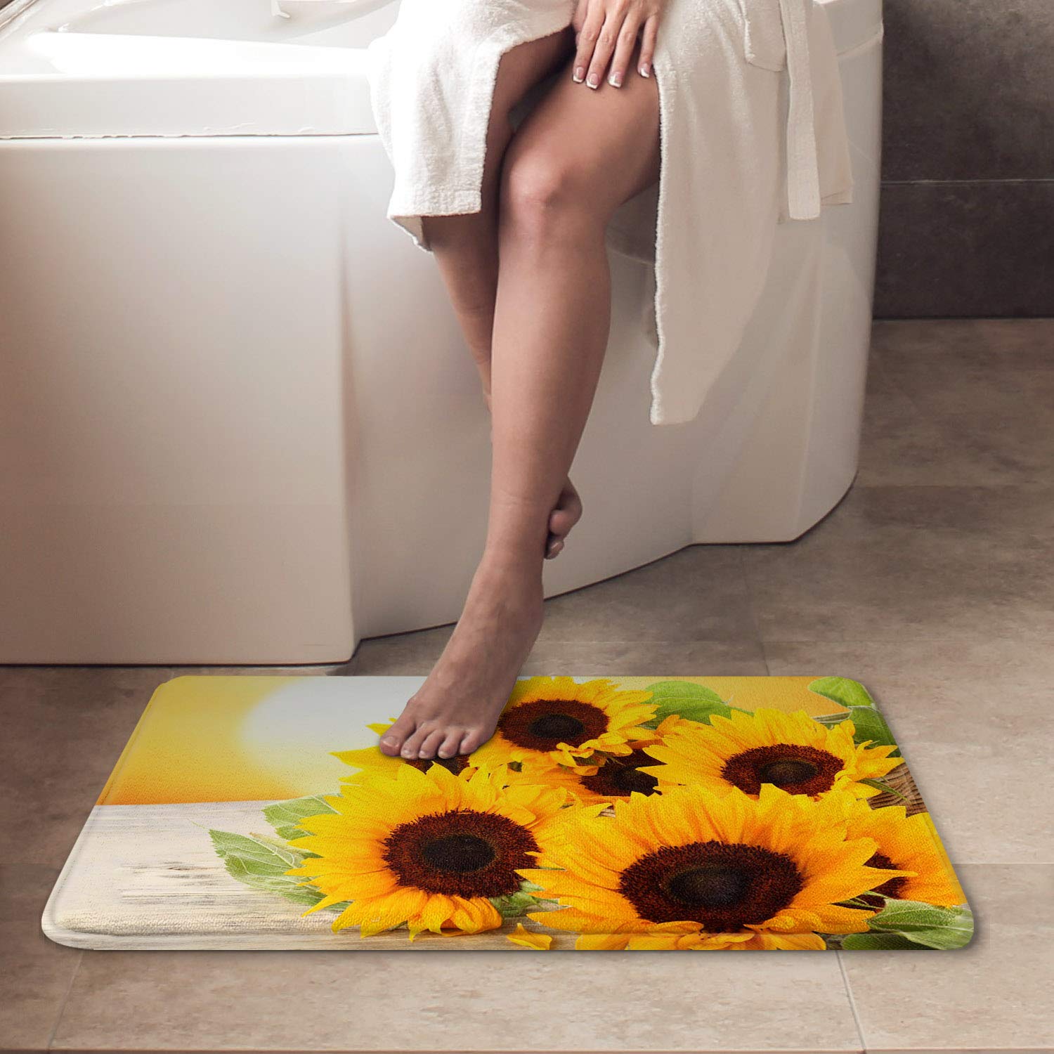 Britimes Bath Mat For Bathroom, Bathroom Mats Rugs No Silp, Yellow Sunflower Washable Cover Floor Rug Carpets Floor Mat Bathroom