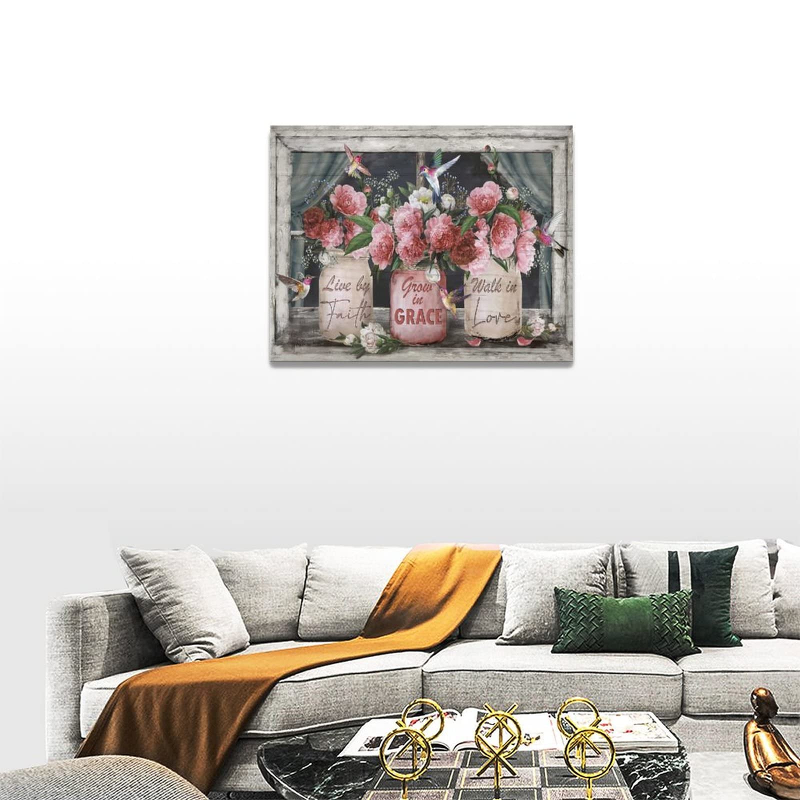 Farmhouse Canvas Wall Art Rusitc Pink Rose Wall Decor Flower Mason Jar Hummingbird Pictures Painting Prints Framed Decor Country
