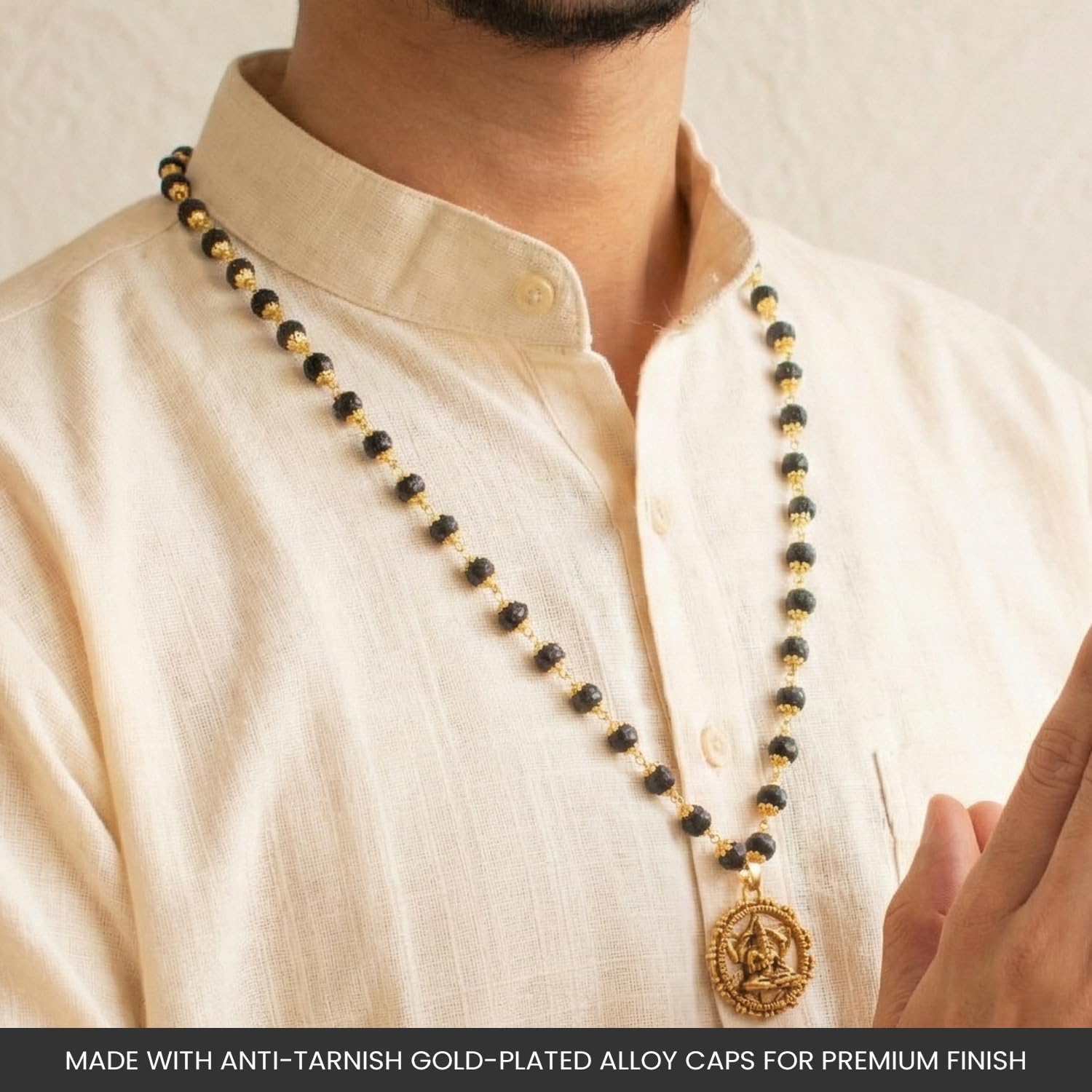 7Mm Golden Capped Karungali Mala With Hanuman Pendant