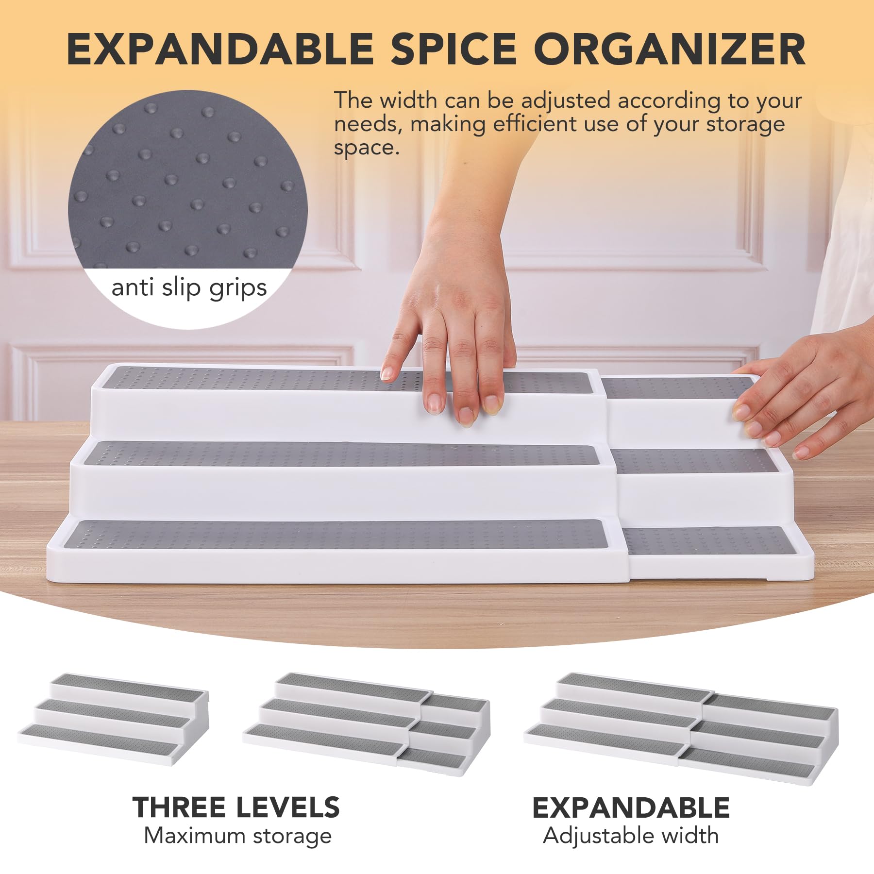 CiWiVOKi 3 Tier Expandable Spice Rack Organizer, White/Grey Plastic Spice Rack, Adjustable Length 14.6In-25.8In, 2 Pack Non-Skid