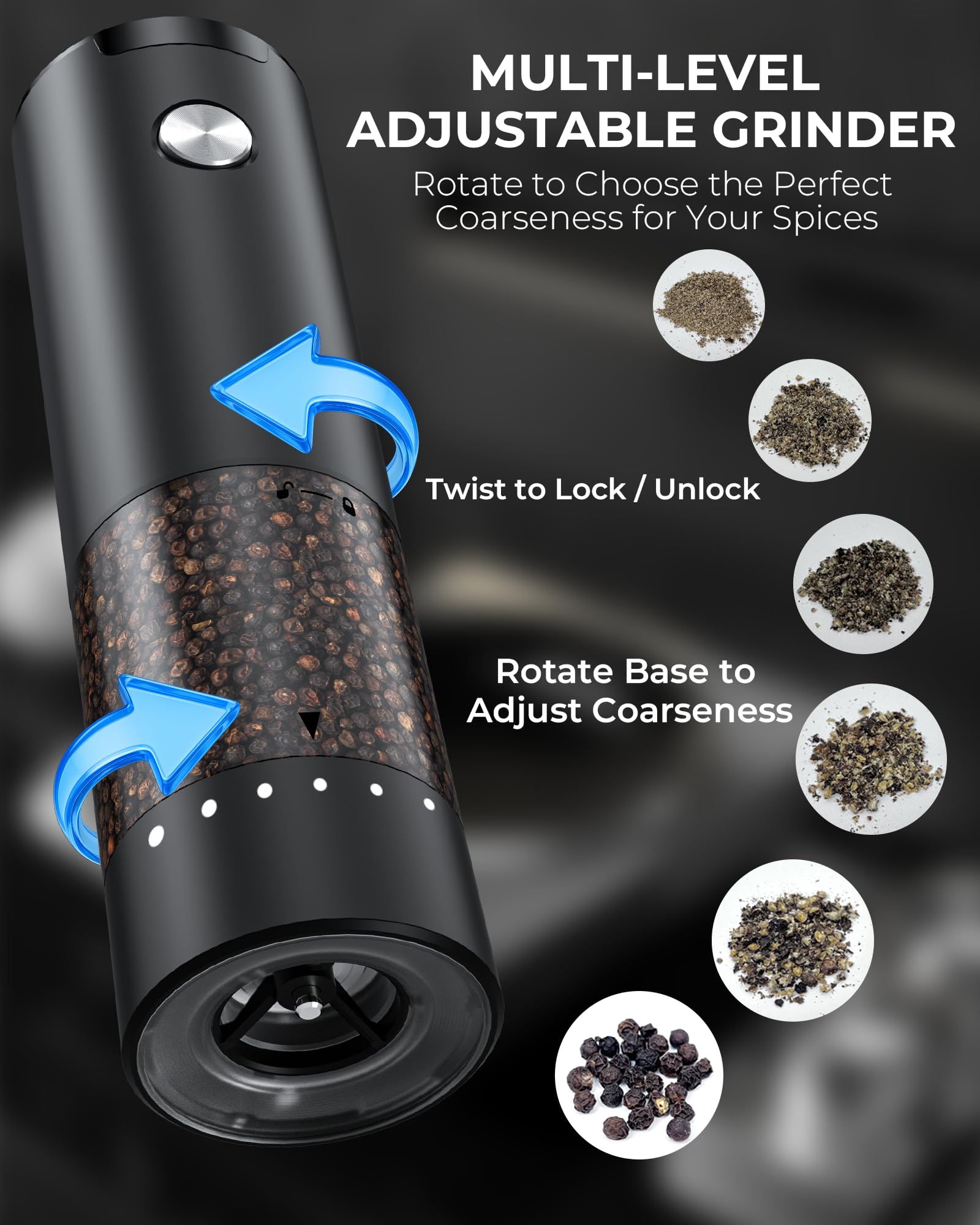Electric Salt and Pepper Grinder Set, Automatic Battery Salt and Pepper Shakers,6 Adjustable Coarseness with LED, 100ml Upgraded