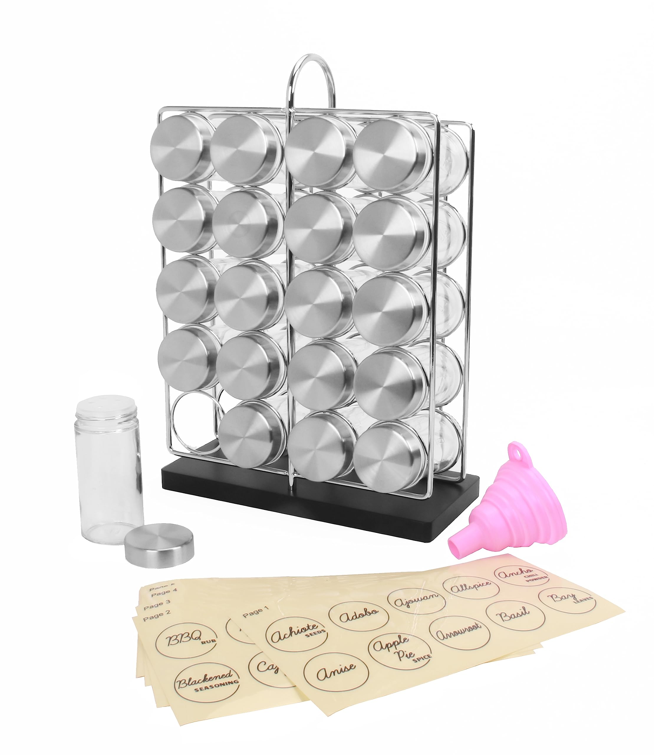 Orii 20 Jar Chrome Wire Spice Rack with Bamboo Base | Includes Silicone Funnel | 160 Preprinted + 20 Blank Spice Labels Included