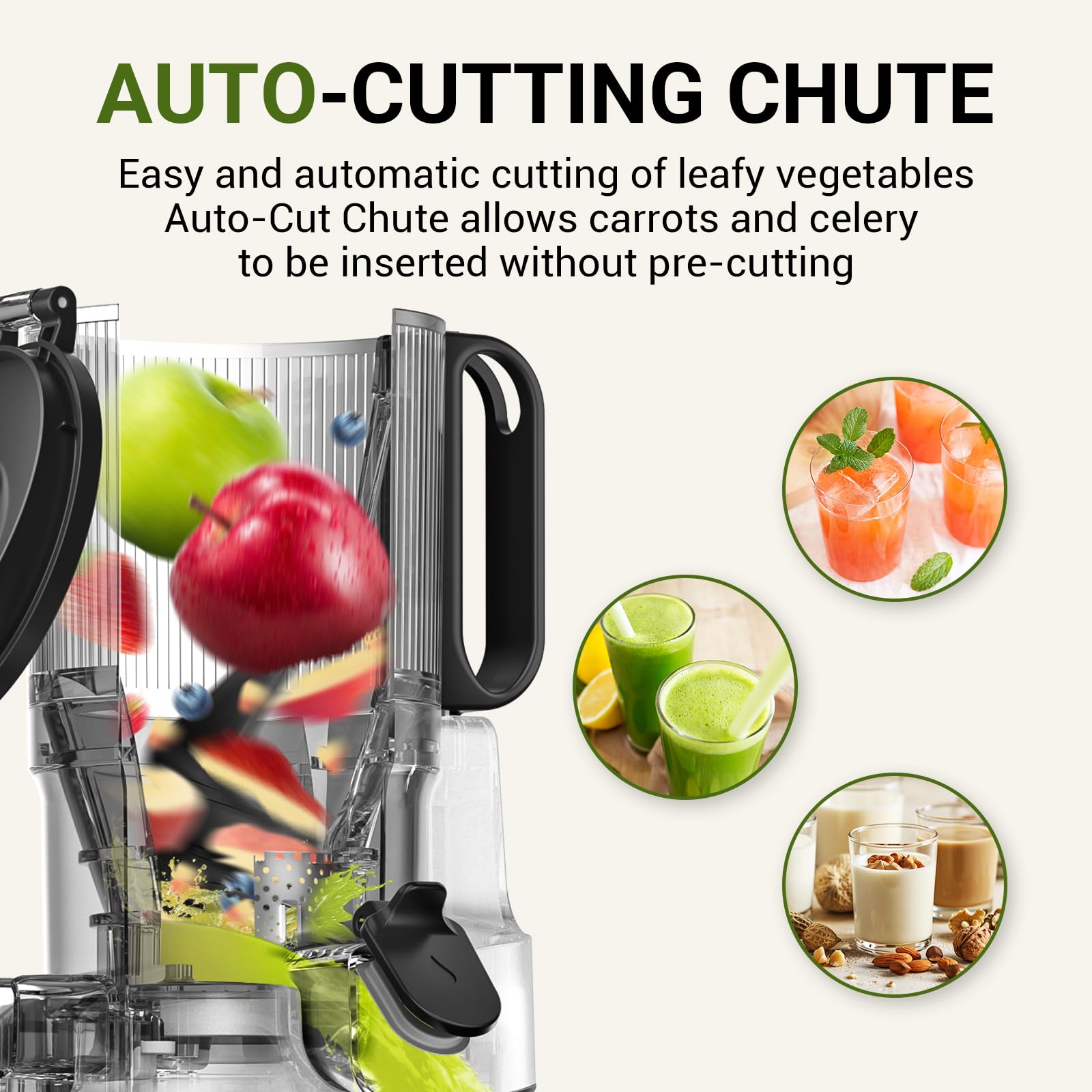 amzchef Masticating Juicer ZM1501, Cold Press Slow Juicer, Black, Plastic, Quiet Motor, Reverse Function, High Nutrient Extractor