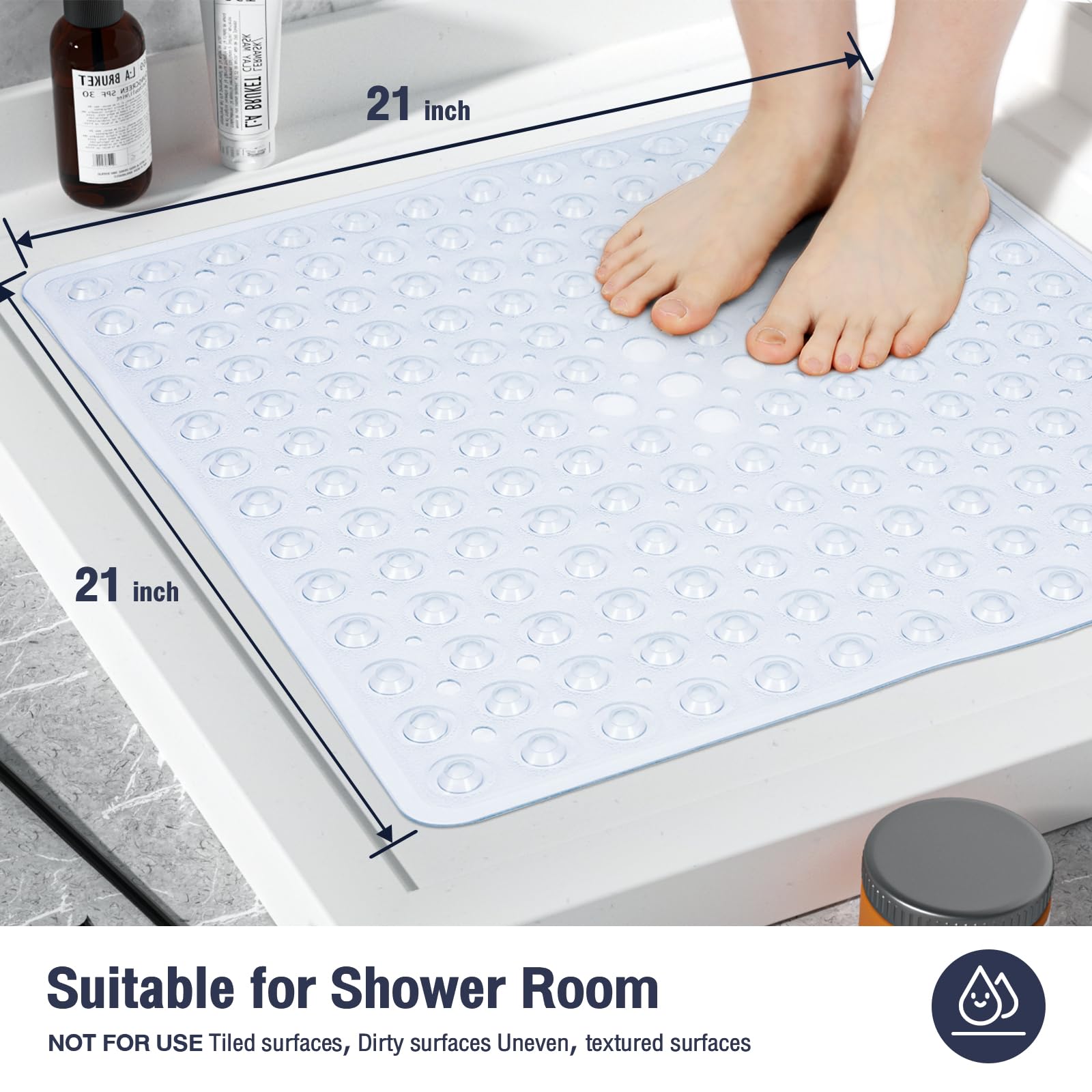 Naoloture Clear Square Non-Slip Shower Mat 21x21 Inch, BPA-Free, with Suction Cups and Drain Hole
