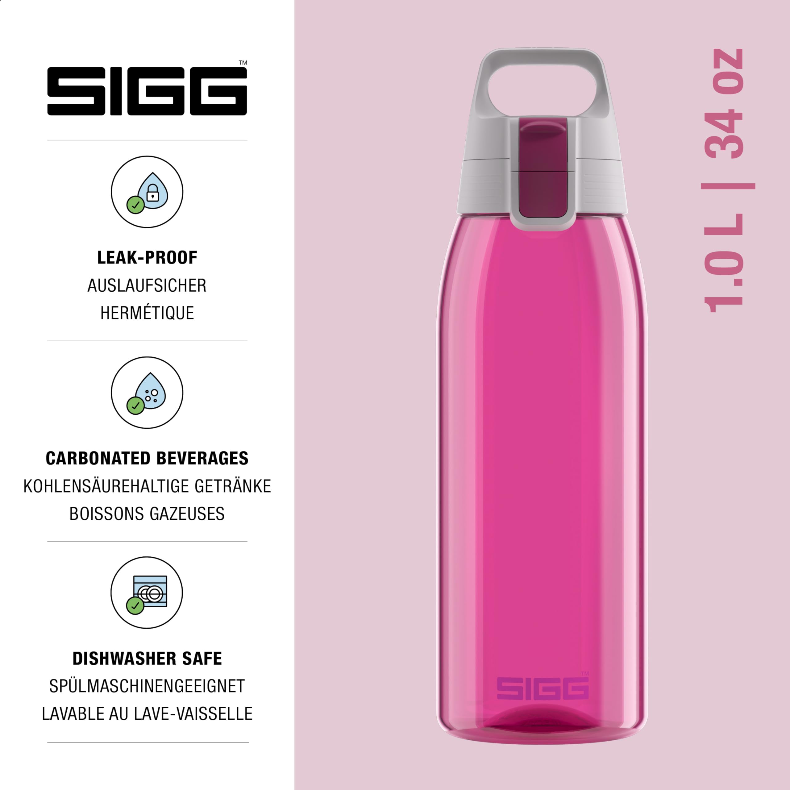 SIGG - Tritan Sports Water Bottle - Total Color Berry - Leakproof - Featherweight and Shatter-Proof Tritan Plastic - Dishwasher Safe - BPA Free - 34 Oz