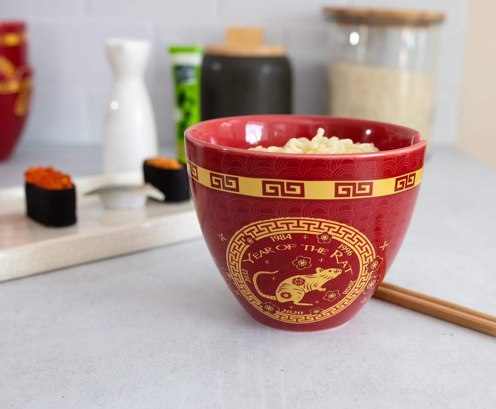 Boom Trendz Year Of The Rat Chinese Zodiac Ceramic Dinnerware Set | Includes 16-Ounce Ramen Noodle Bowl And Wooden Chopsticks As