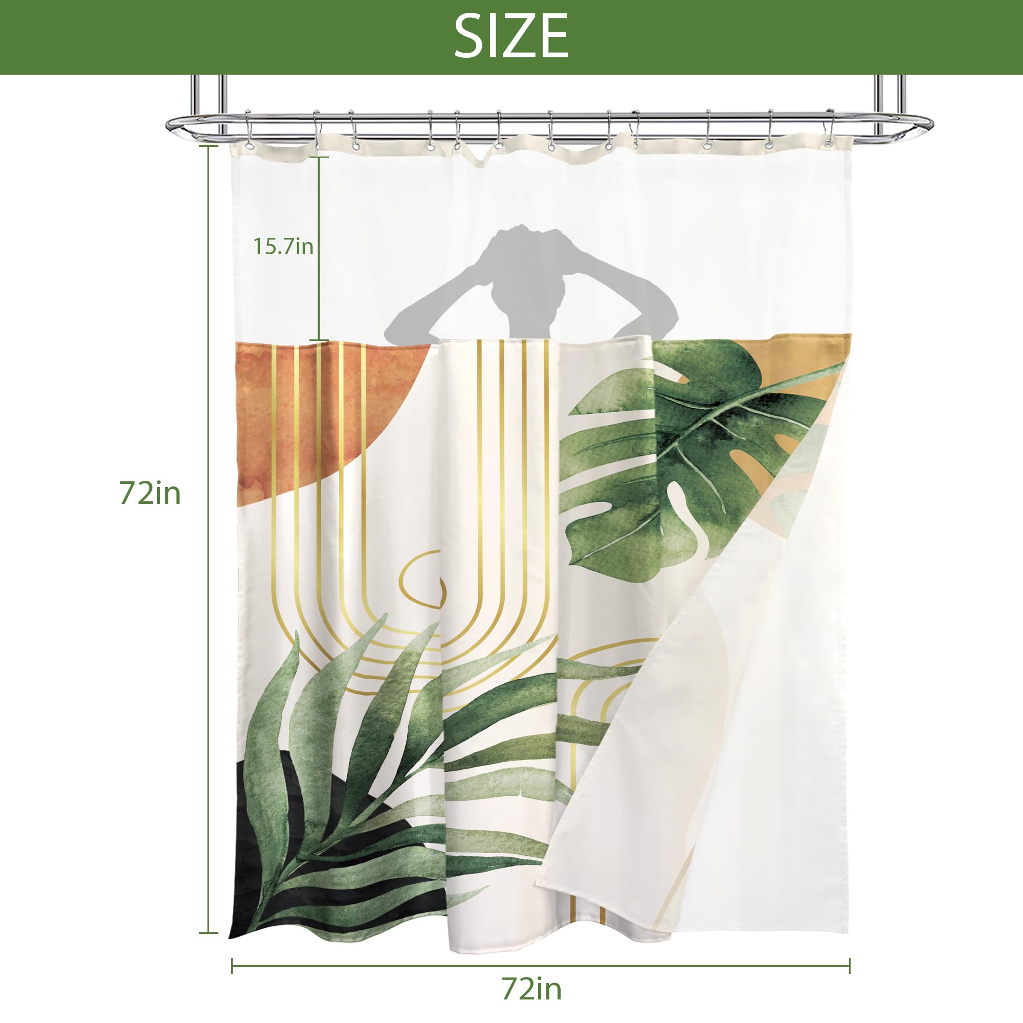 Glawry Boho Shower Curtain With Snap In Liner Modern Mid Century Tropical Palm Leaves Abstract Geometric Modern Arch See Through