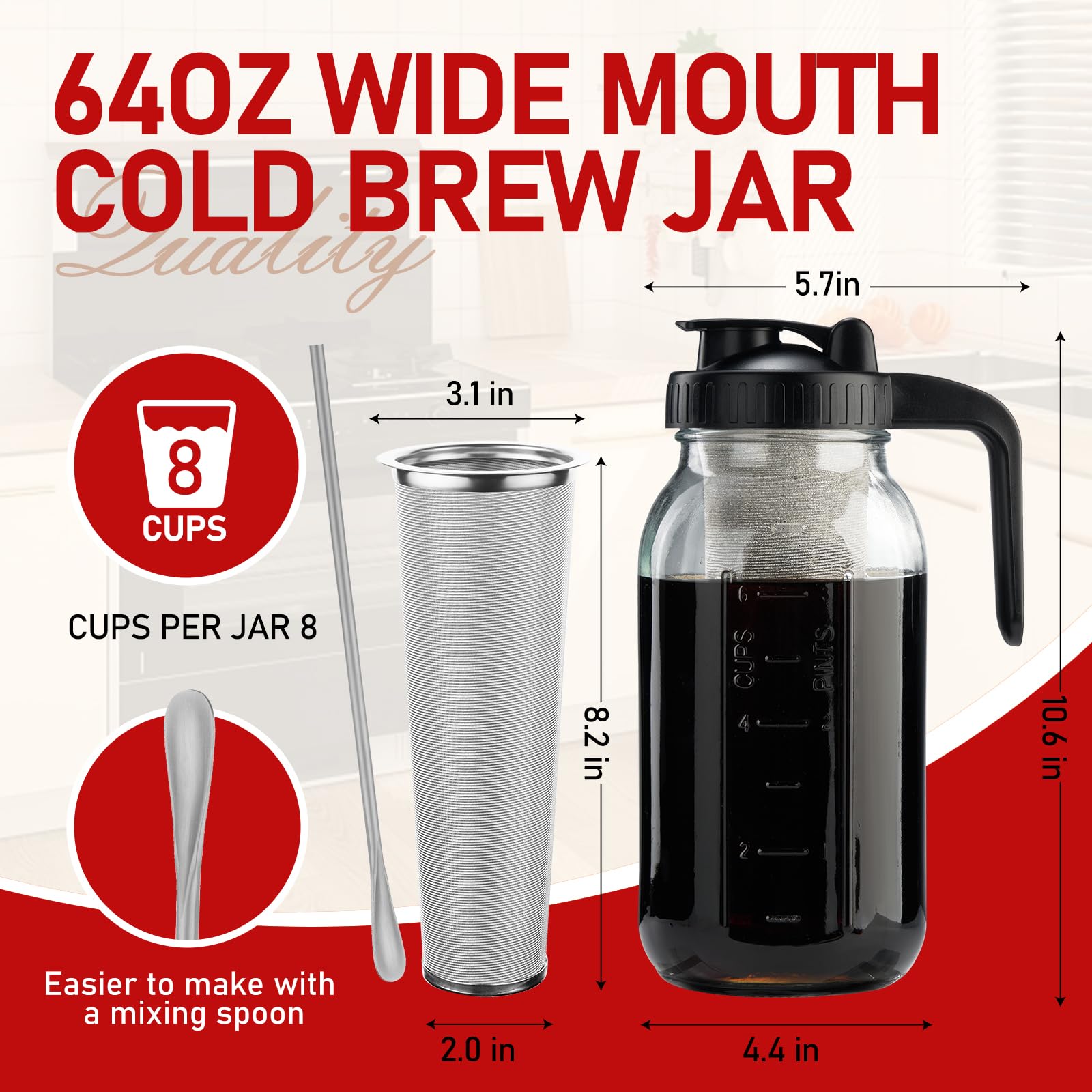 Cold Brew Coffee Maker With V-Shaped Lid, 64Oz Iced Coffee Maker With Stainless Steel Filter, Bpa Free Sturdy Cold Brew Pitcher
