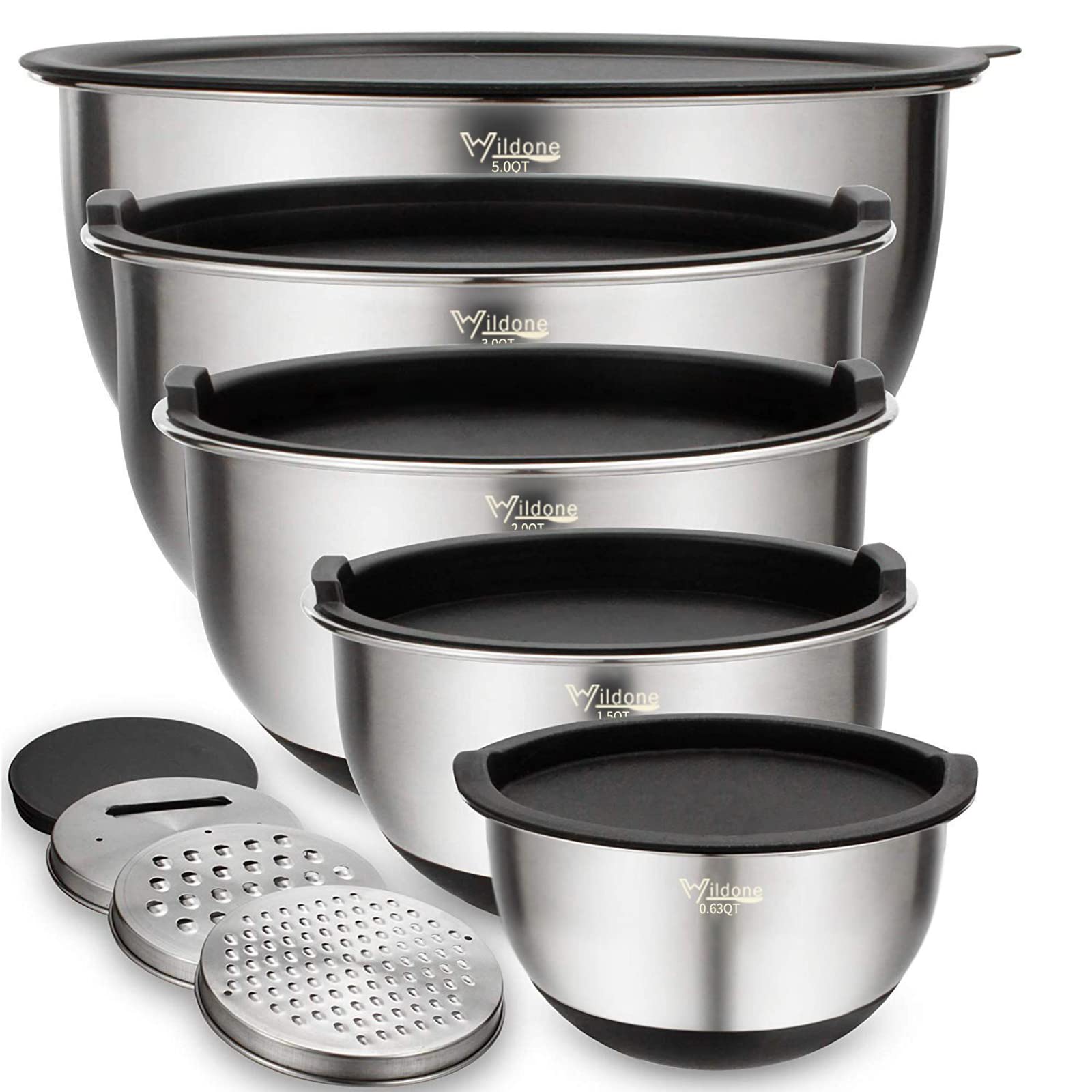 Wildone Mixing Bowls With Lids Set, 5Pcs Stainless Steel Nesting Bowls With 3 Grater Attachments, Measurement Marks & Non-Slip B