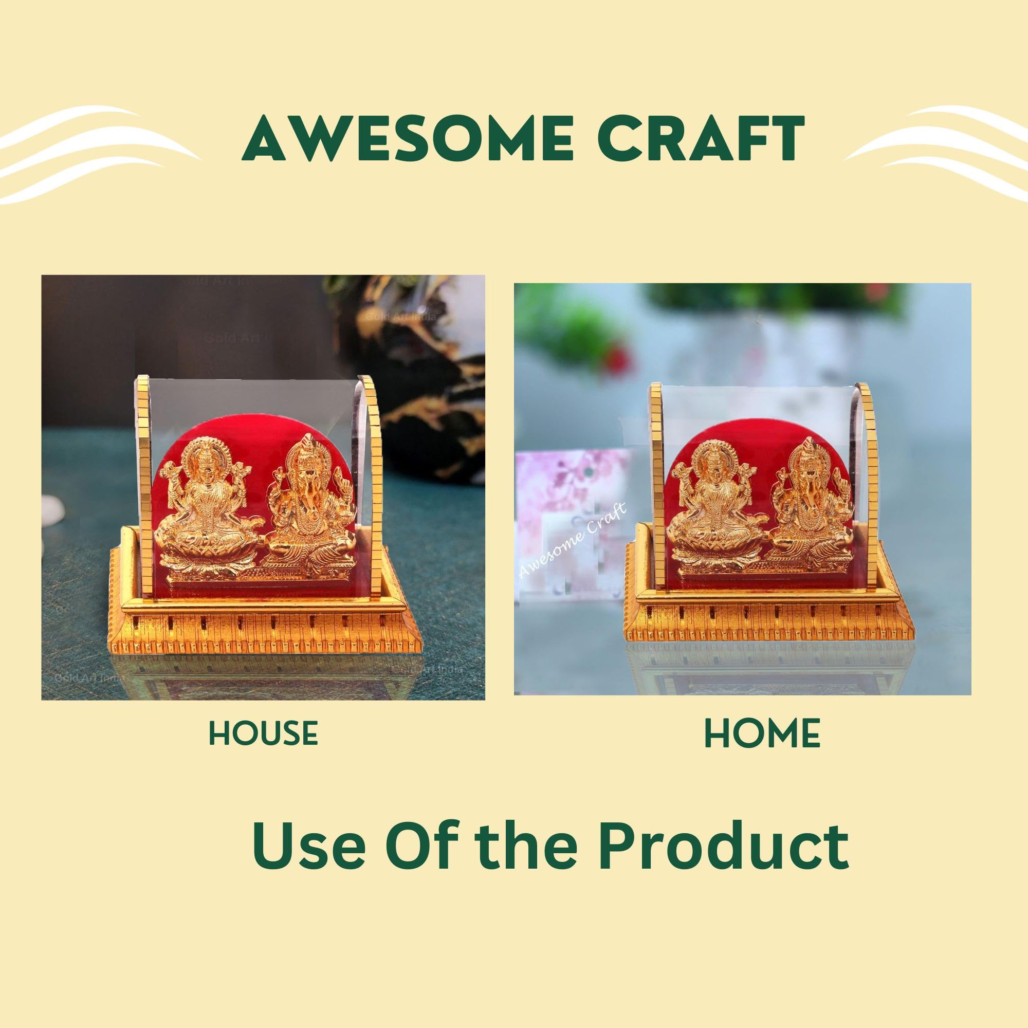 Awesome Craft Golden Lord Ganesh & Maa Lakshmi Acrylic Idol | Hindu God Ganpathi & Goddess Laxmi | Pooja Mandir | Car Dashboard