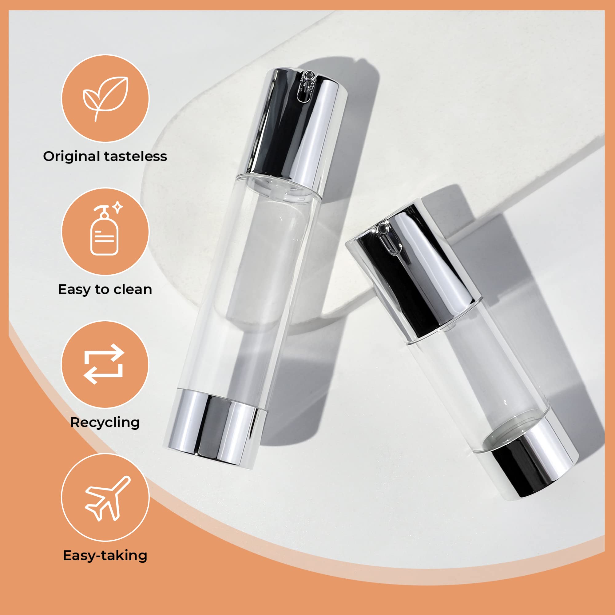 Longway 1.7Oz/50Ml Airless Pump Bottles Silver Airless Cosmetic Cream Pump Bottle Travel Size Dispenser Refillable Containers(Pa