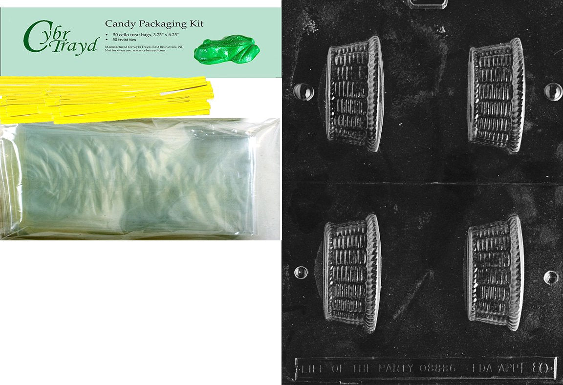 Cybrtrayd 'Small Basket Nut Cup' Easter Chocolate Candy Mold With Packaging Bundle, Includes 50 Cello Bags, 50 Yellow Twist Ties