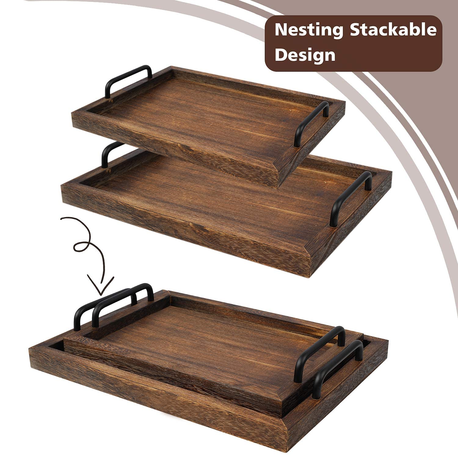 Libwys Rustic Wooden Serving Trays With Handle-Set Of 2-Decorative Nesting Food Board Platters For Breakfast, Coffee Table/Butle