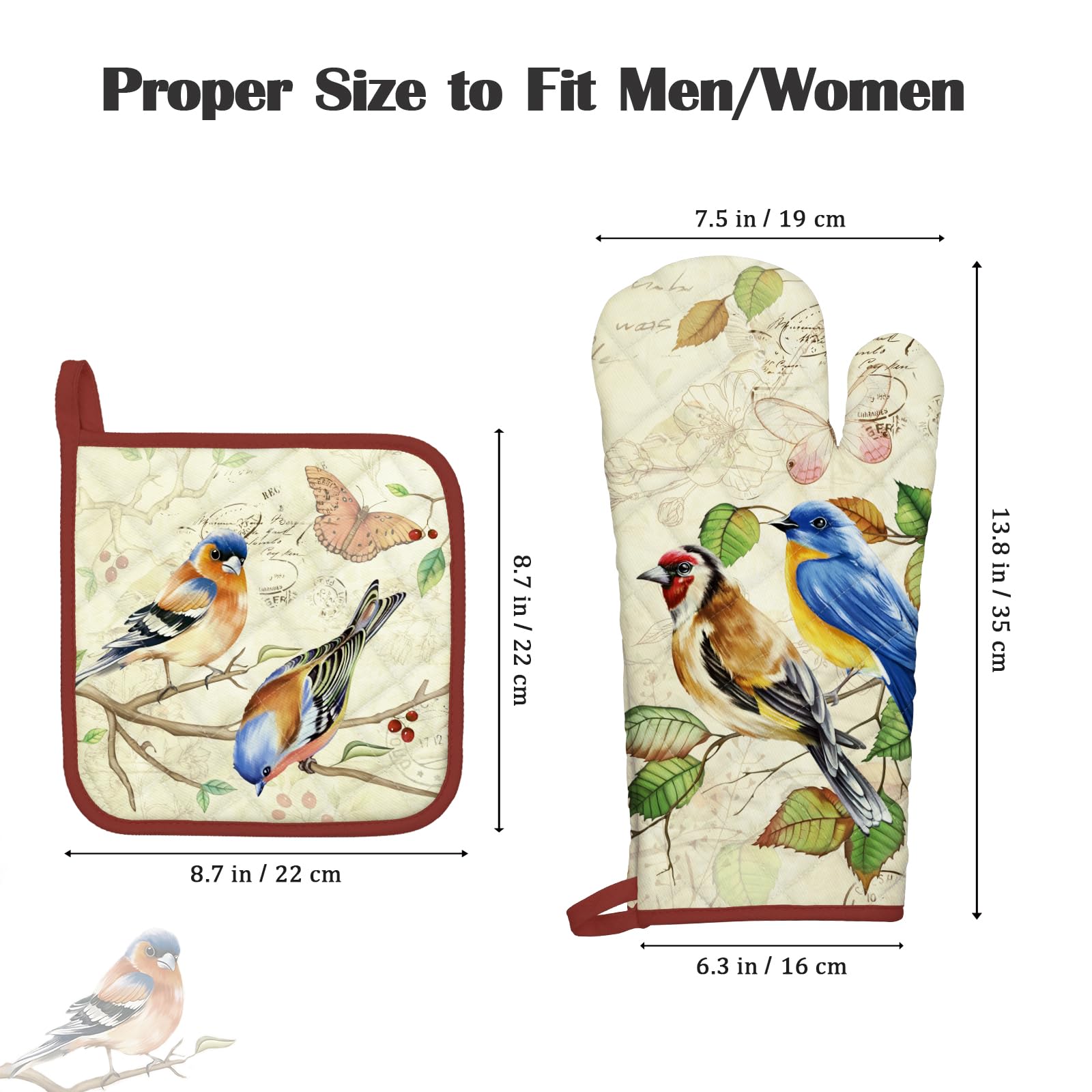 Arquiel Vintage Bird Oven Mitts And Pot Holders Sets 2Pcs, 100% Cotton Heat Resistant, Extra Long Oven Gloves Potholder For Kitc
