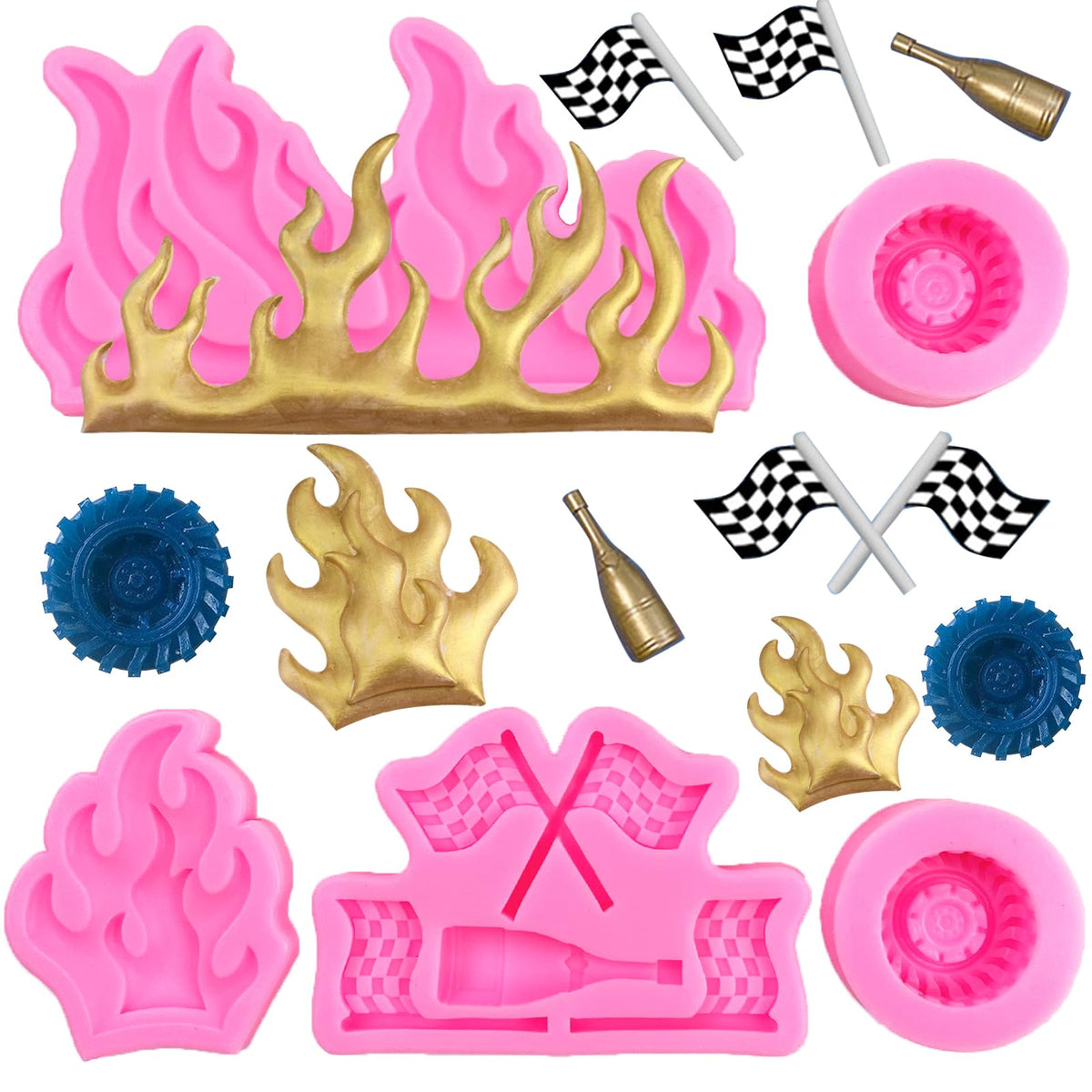 Rainmae Flame Fondant Molds, Car Tire Fondant Mold, Hot Fire Silicone Molds, Round Tire Mold, Truck Wheel Shape Mold For Sugar C