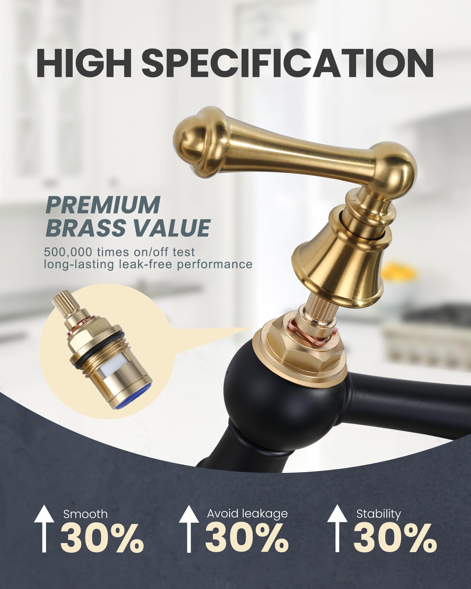 Wowow Bridge Kitchen Faucet With Sprayer, Brass Kitchen Faucet 4 Hole Bridge Faucet For Kitchen Sink, Black And Gold Kitchen Sin
