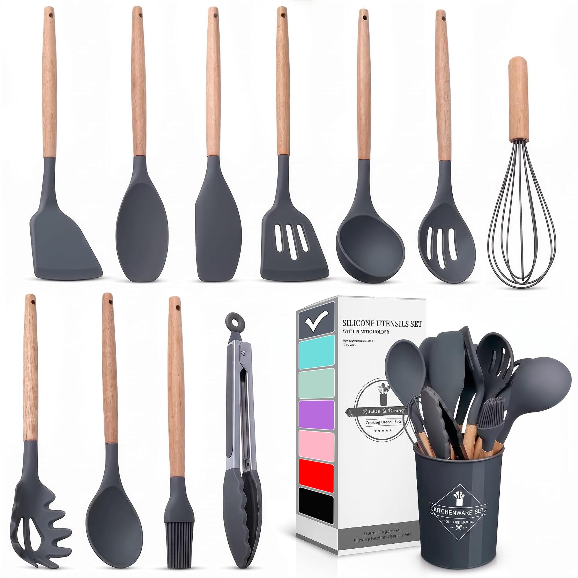 12 Pcs Cooking Kitchen Accessories Set with Holder, Silicone Heads (Gray)