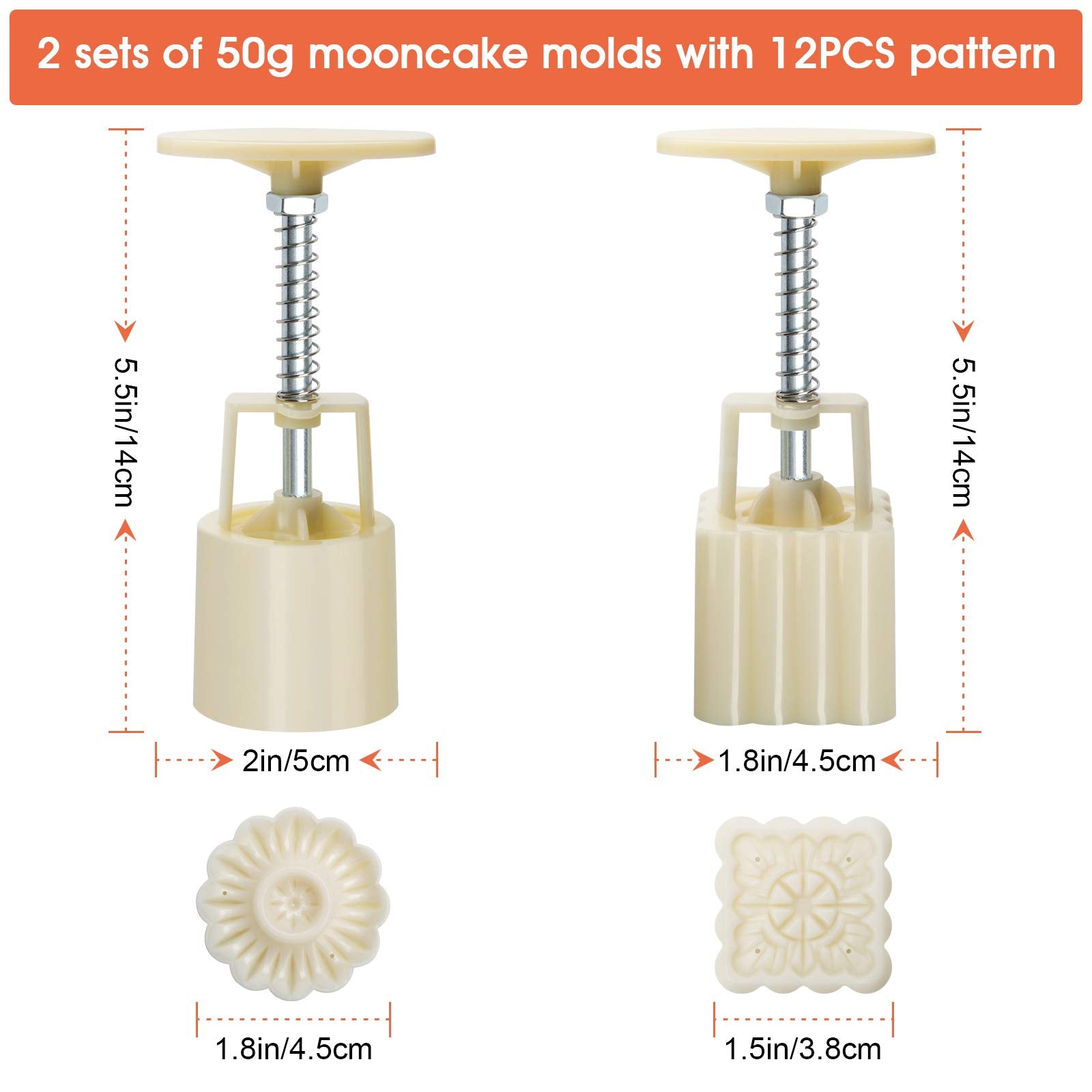 Luxiv Moon Cake Mould 50G, 12 Pcs Pattern Hand-Pressure Mooncake Molds For Mid-Autumn Diy Pastry Tool 2 Sets With 6Pcs Round Flo